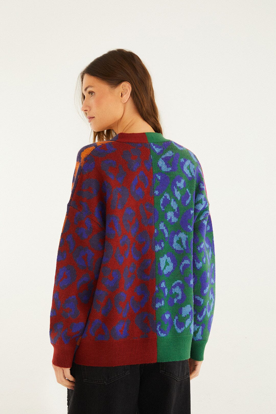 Mixed Ikat Leopard Buttoned Knit Cardigan