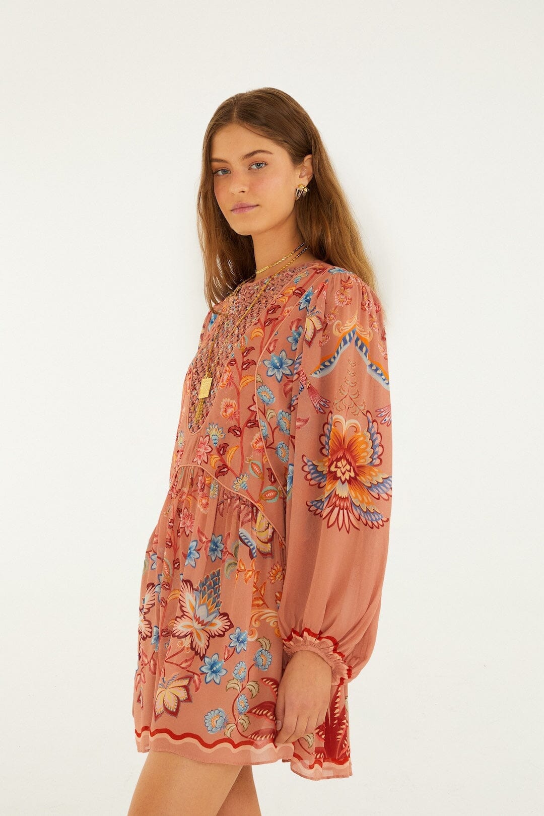 Mocha Boho Enhance Lace Long Sleeve Mini Dress