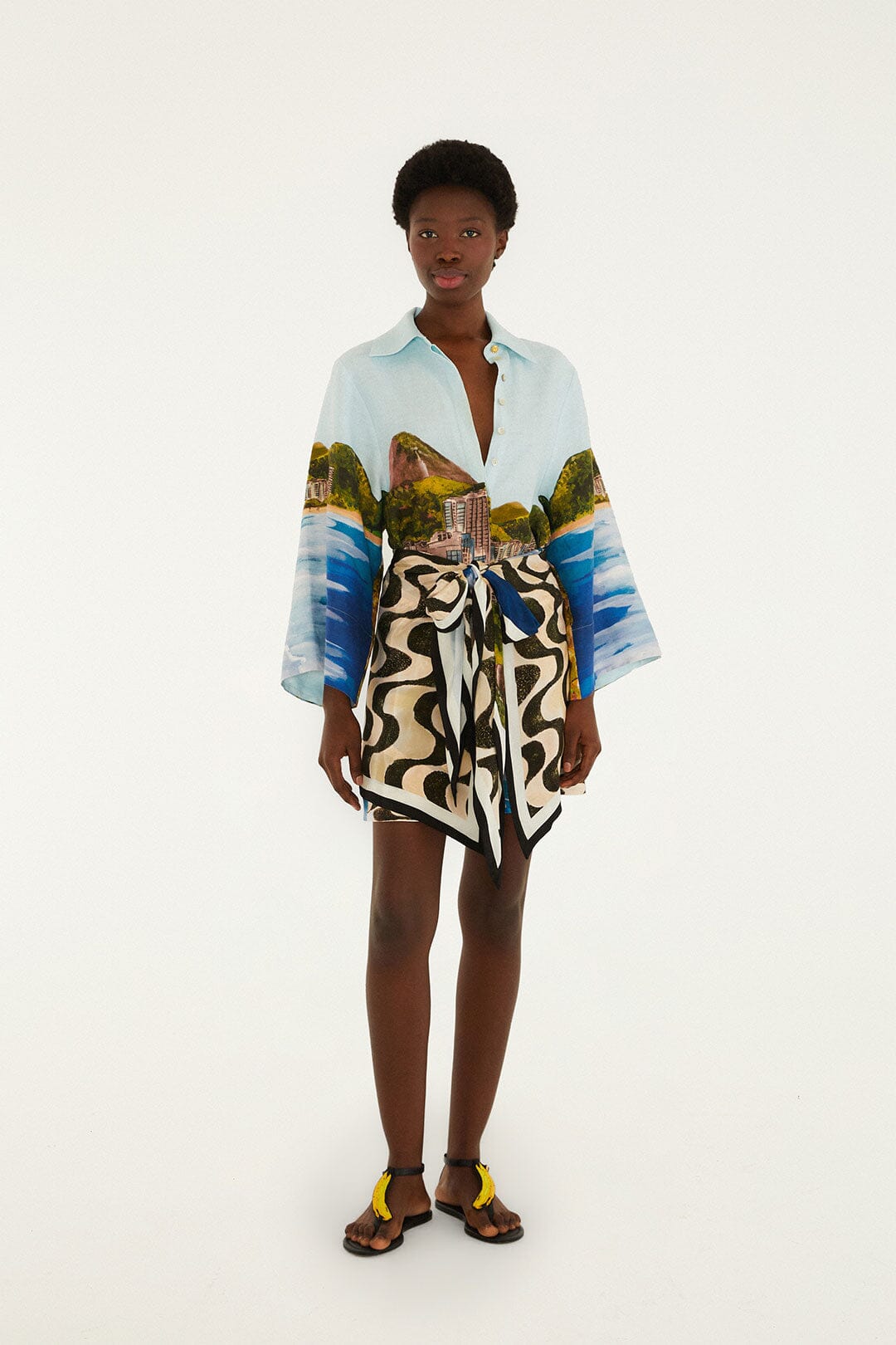 Multicolor Copacabana Beach Euroflax Premium Linen Long Sleeve Kimono