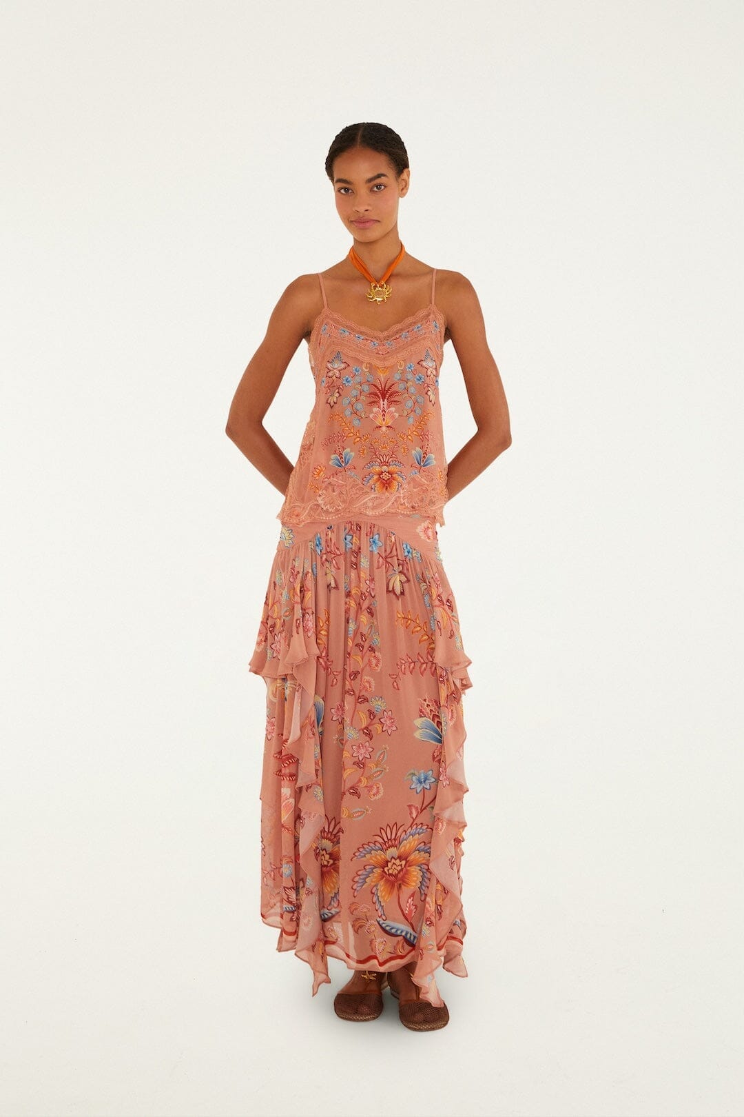 Mocha Boho Enhance Ruched Ruffled Maxi Skirt