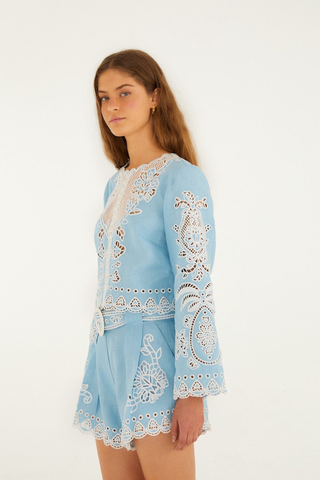 Light Blue Romantic Richelieu Euroflax Premium Linen Blouse