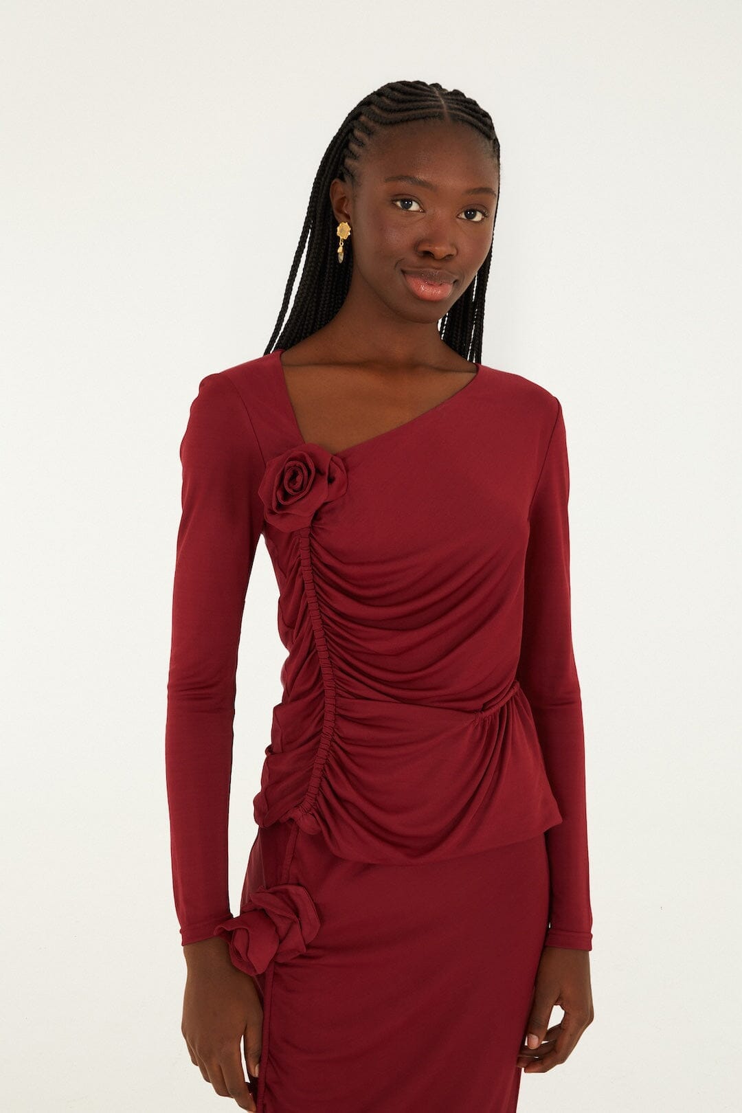 Burgundy 3d Flower Draped Long Sleeve Blouse