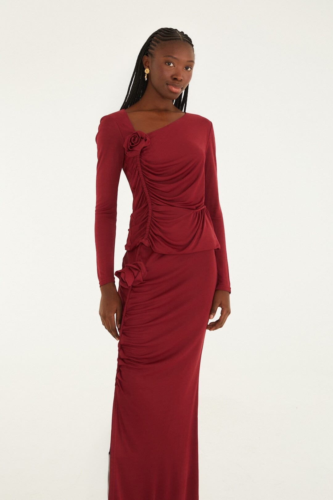 Burgundy 3d Flower Draped Side Slit Maxi Skirt