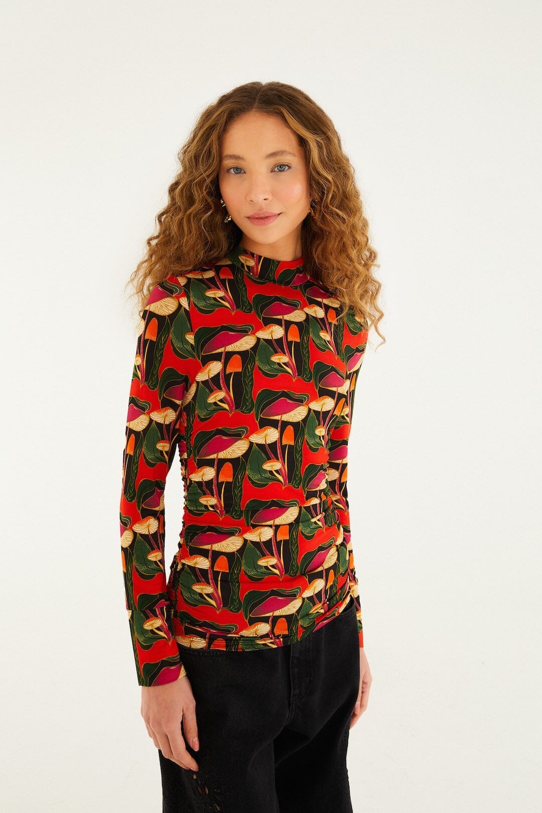Black Wild Mushrooms Ruched Waist Jersey Blouse