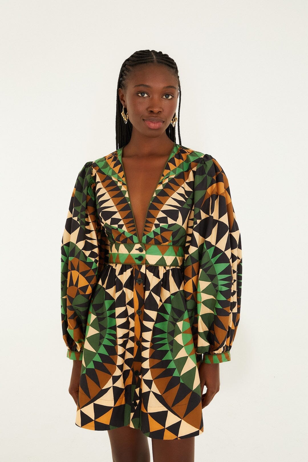 Green Heart Deco Puff Sleeve Organic Cotton Mini Dress