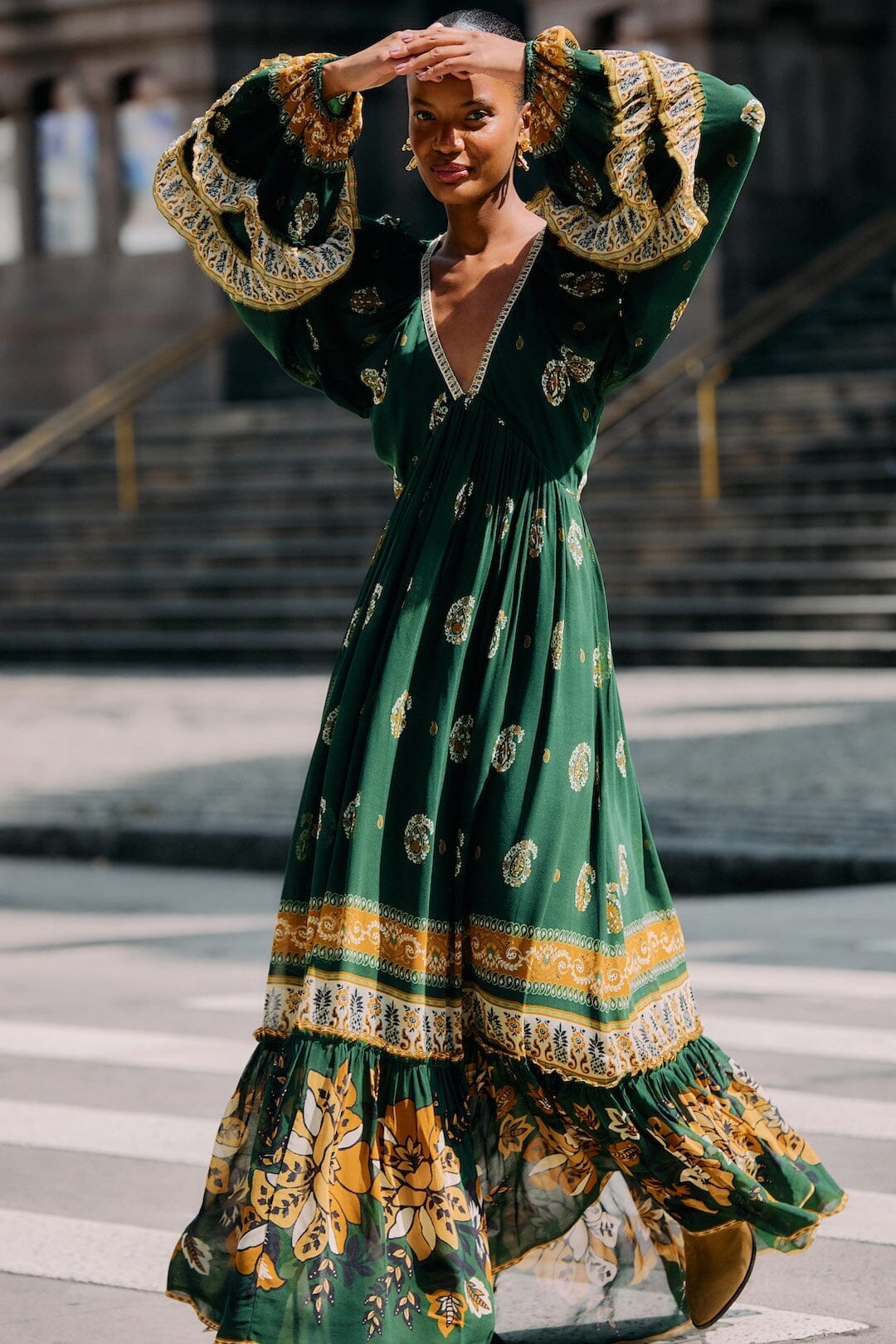green long sleeve dress uk Green Long Sleeve Gold Button Knit Ruched Midi Dress main image 1
