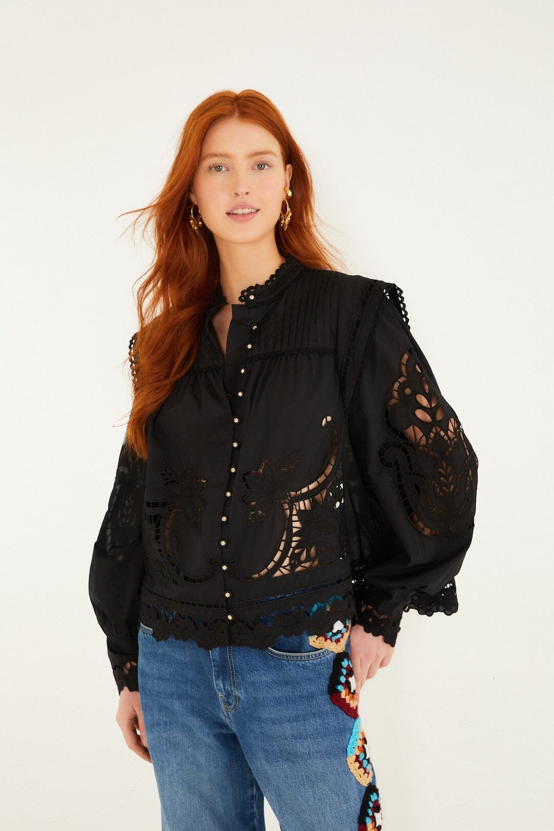 Black Richelieu Puff Sleeve Blouse
