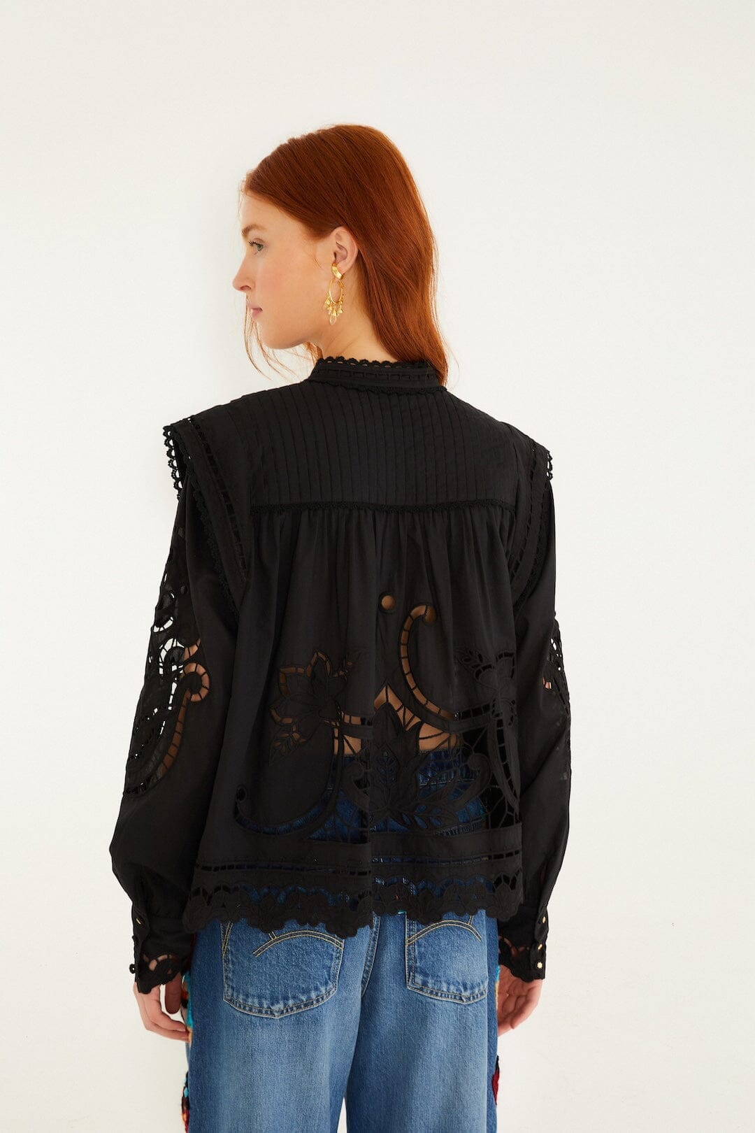 Black Richelieu Puff Sleeve Organic Cotton Blouse