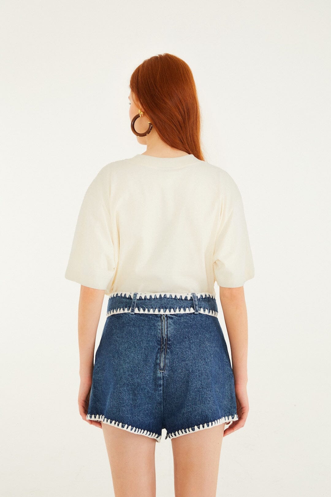 Denim Crochet Embroidery Belted Shorts