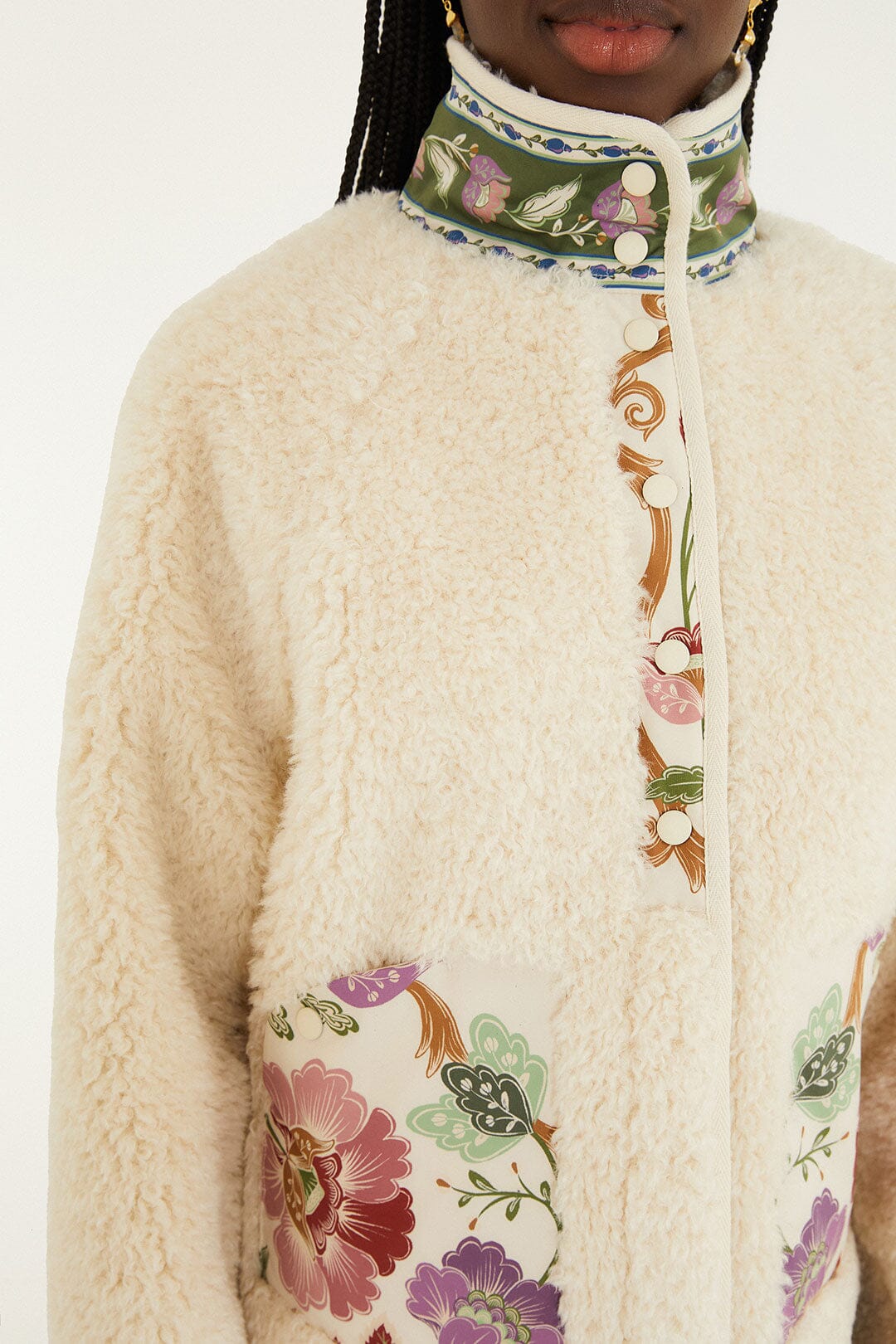 Cream Rococo Flowers Bomber Fleece Jacket