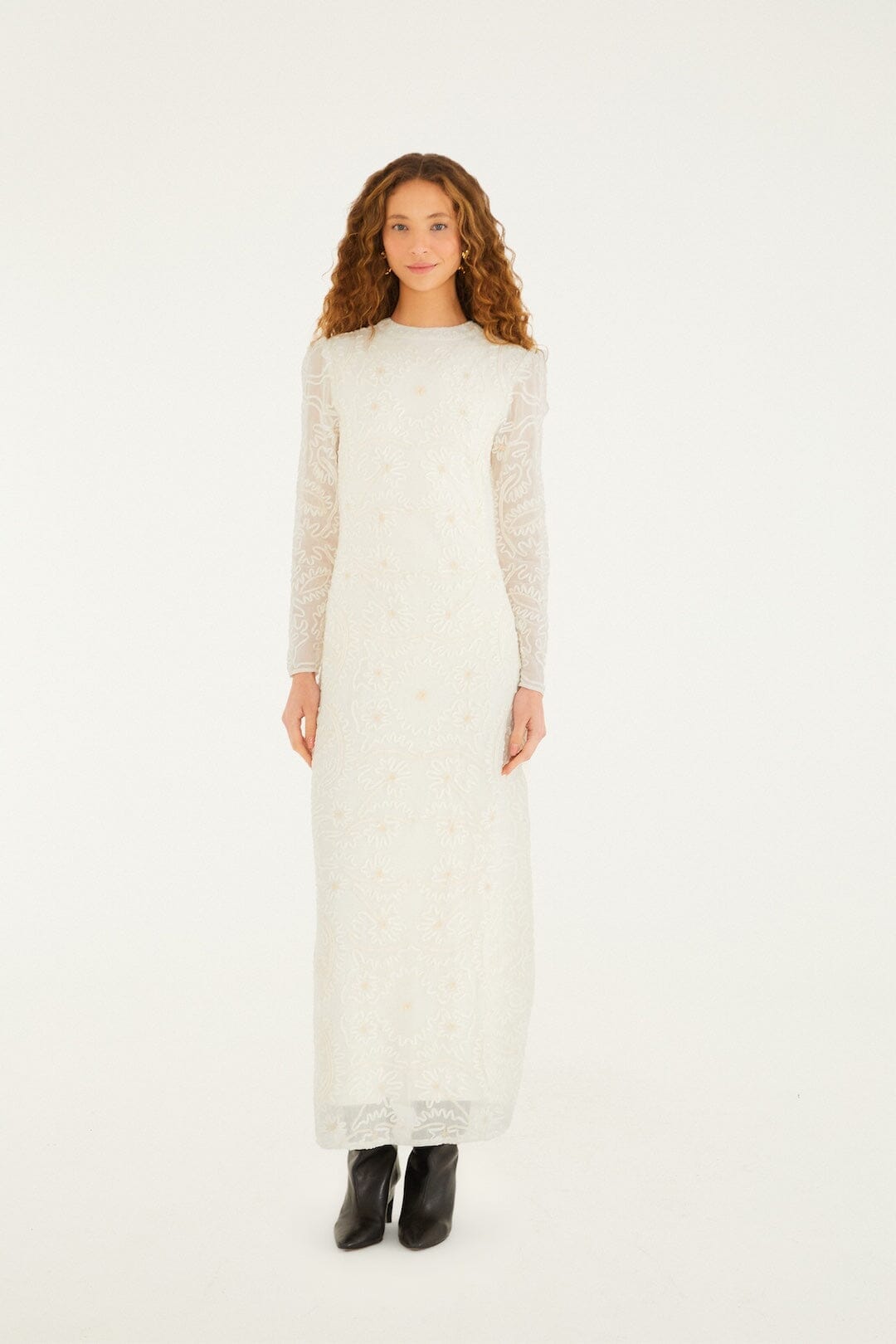 Embroidered Crew Neck Long Sleeve Maxi Dress