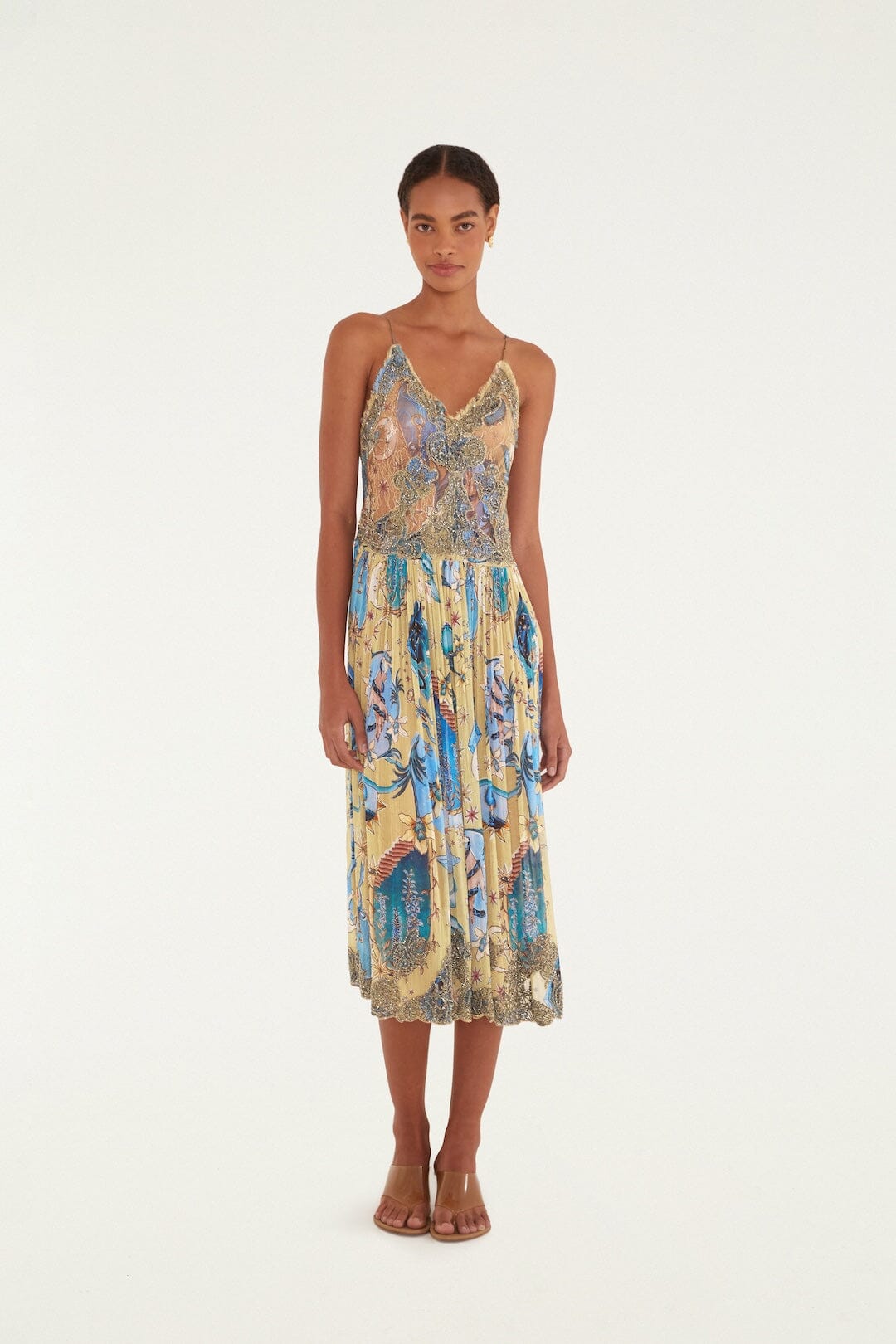 farm rio mystic city midi dress Sand Mystical Sleeveless Pleated Midi Dress