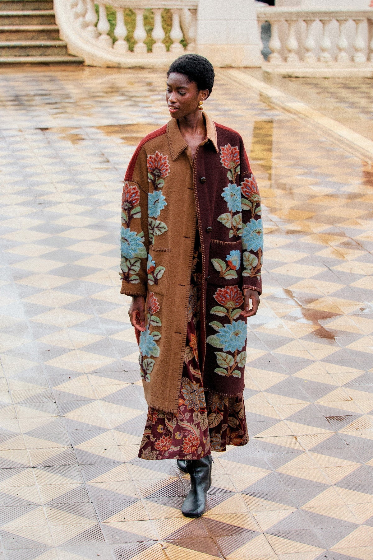 Mixed Delhi Floral Fleece Midi Coat