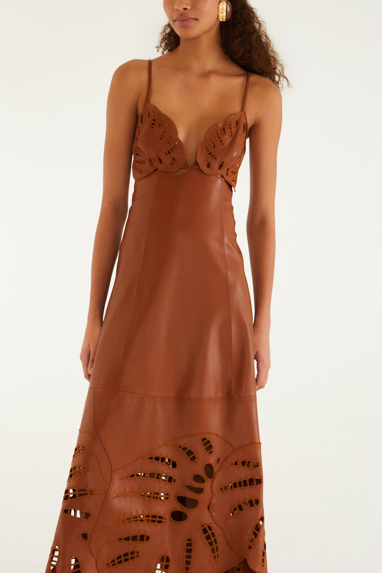 Brown Monstera Cutwork Leather Midi Dress