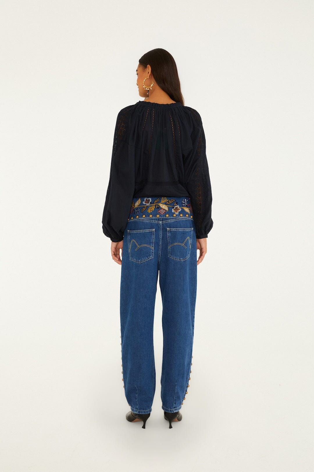 FARM Rio model wearing the Balloon Gold And Blue Denim Pants