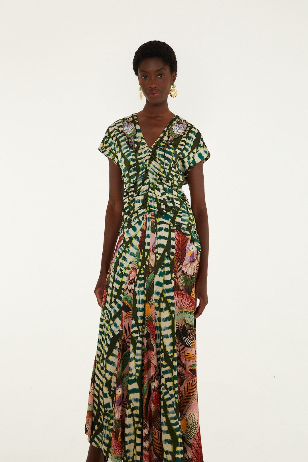 FARM Rio model wearing the Birds And Striped Leaves Embroidered Maxi Dress
