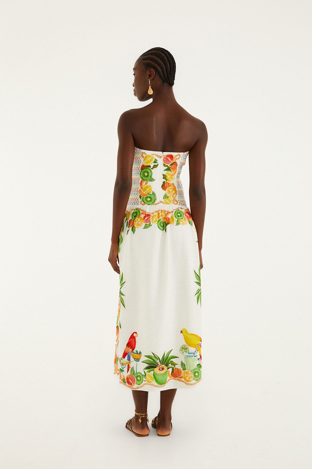 FARM Rio model wearing the Biricutico Scarf Off-White Strapless Maxi Dress