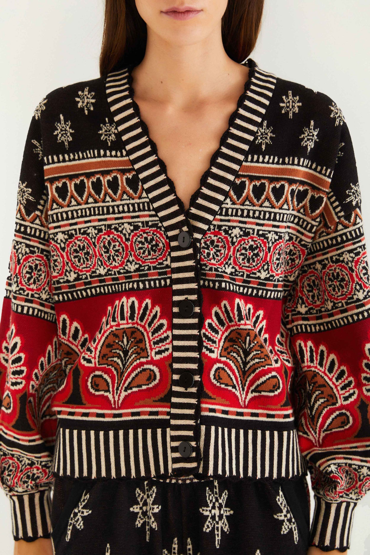 FARM Rio model wearing the Black Ainika Love Coconut Groove Knit Cardigan
