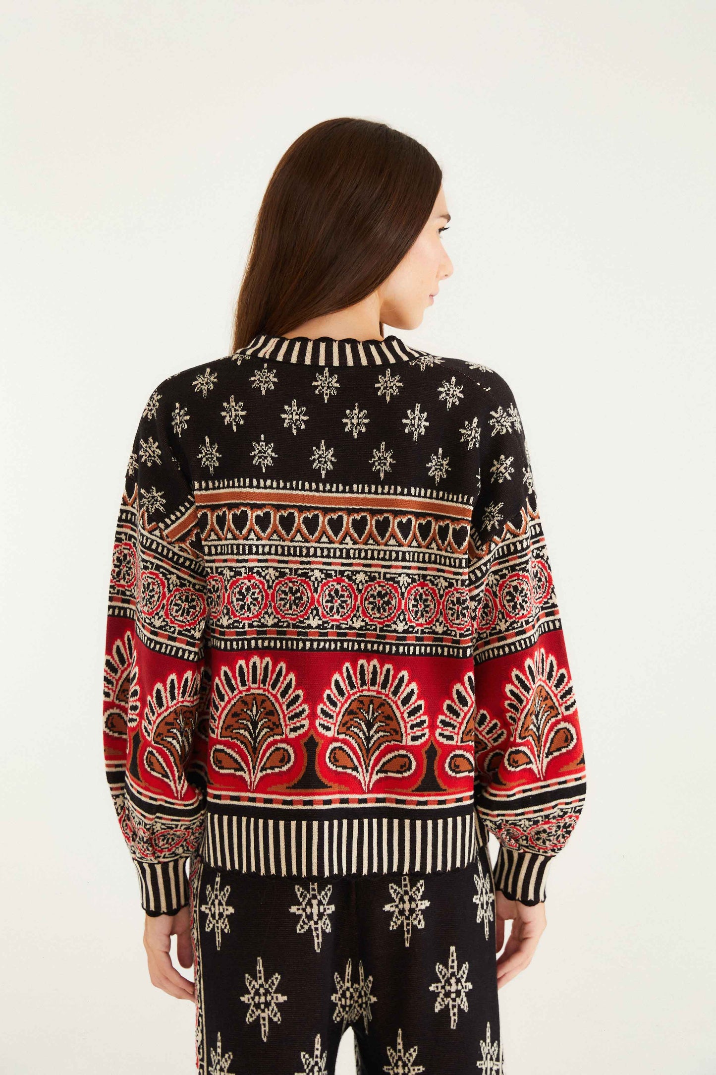 FARM Rio model wearing the Black Ainika Love Coconut Groove Knit Cardigan