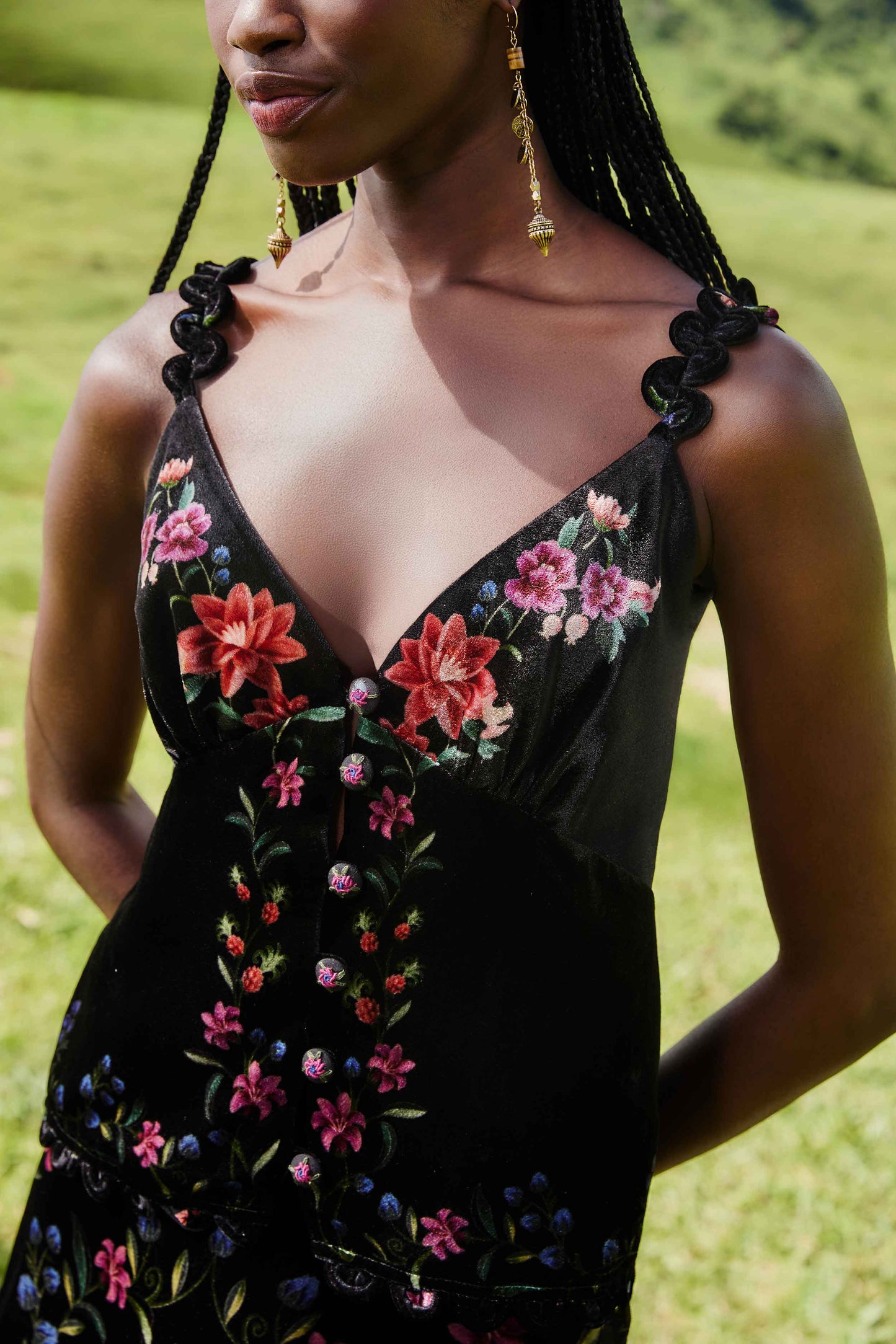 FARM Rio model wearing the Black Belle Garden Scallop Sleeveless Top
