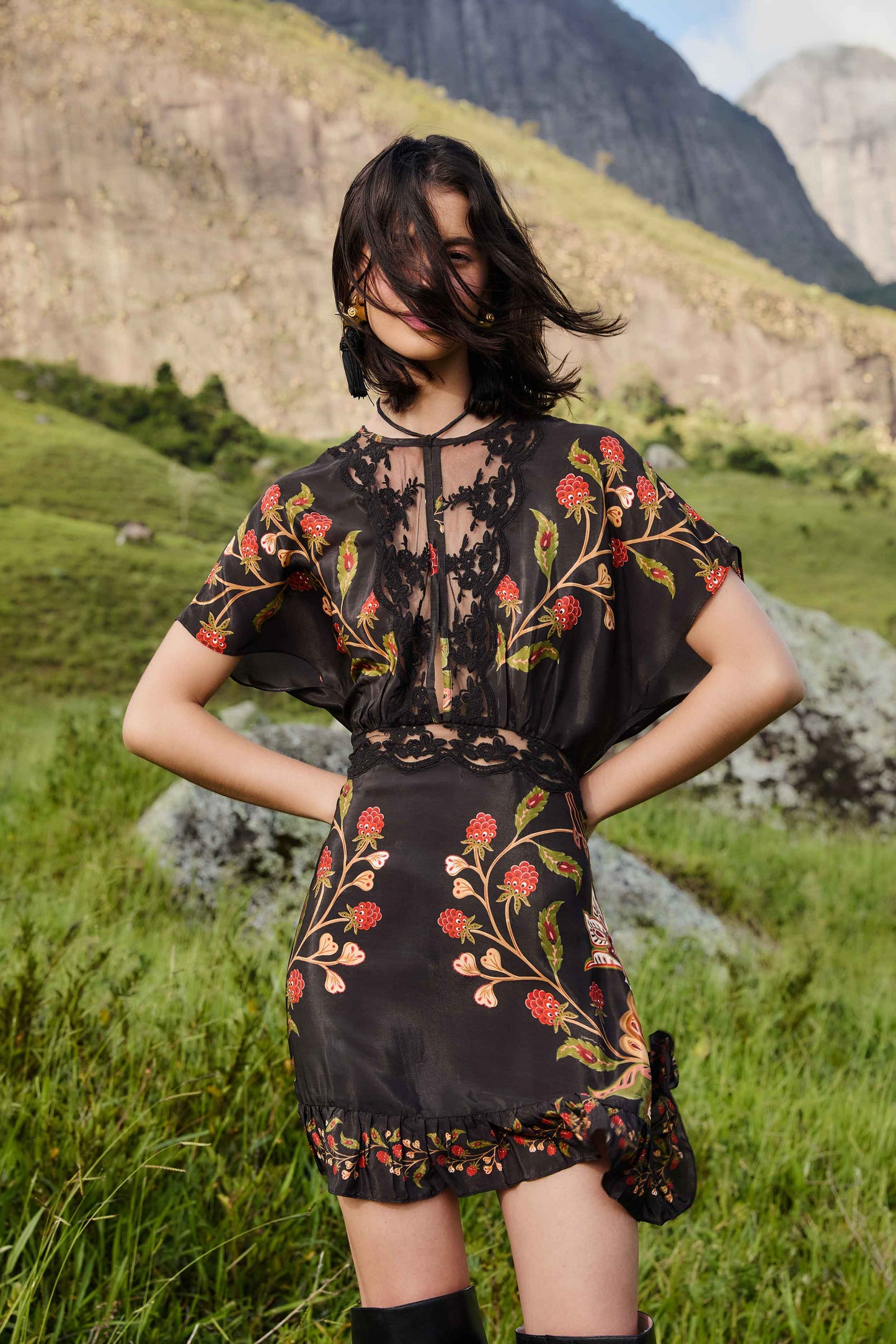 FARM Rio model wearing the Black Berry Garden Mini Dress