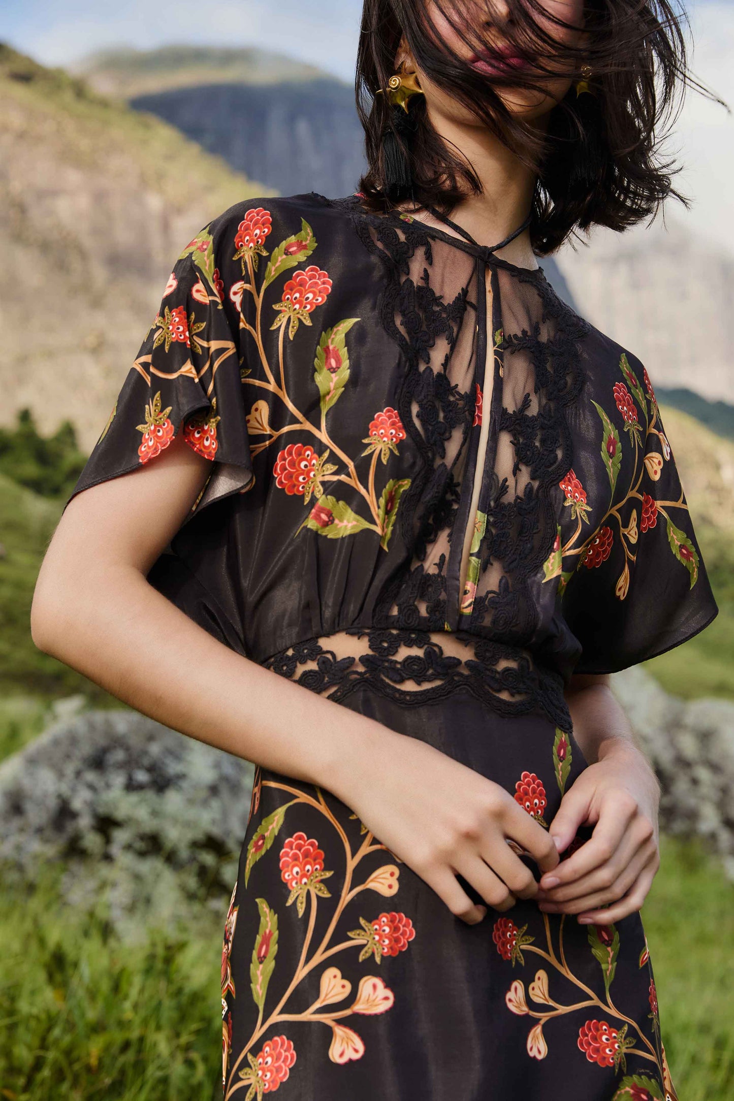 FARM Rio model wearing the Black Berry Garden Mini Dress