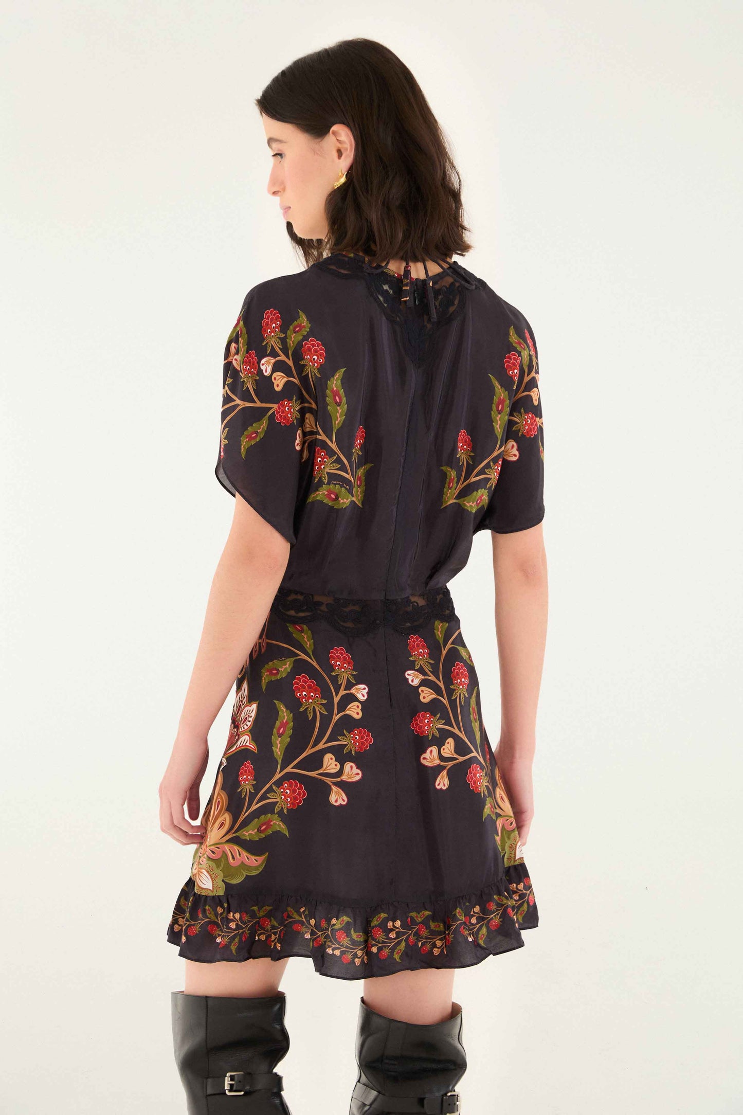 FARM Rio model wearing the Black Berry Garden Mini Dress