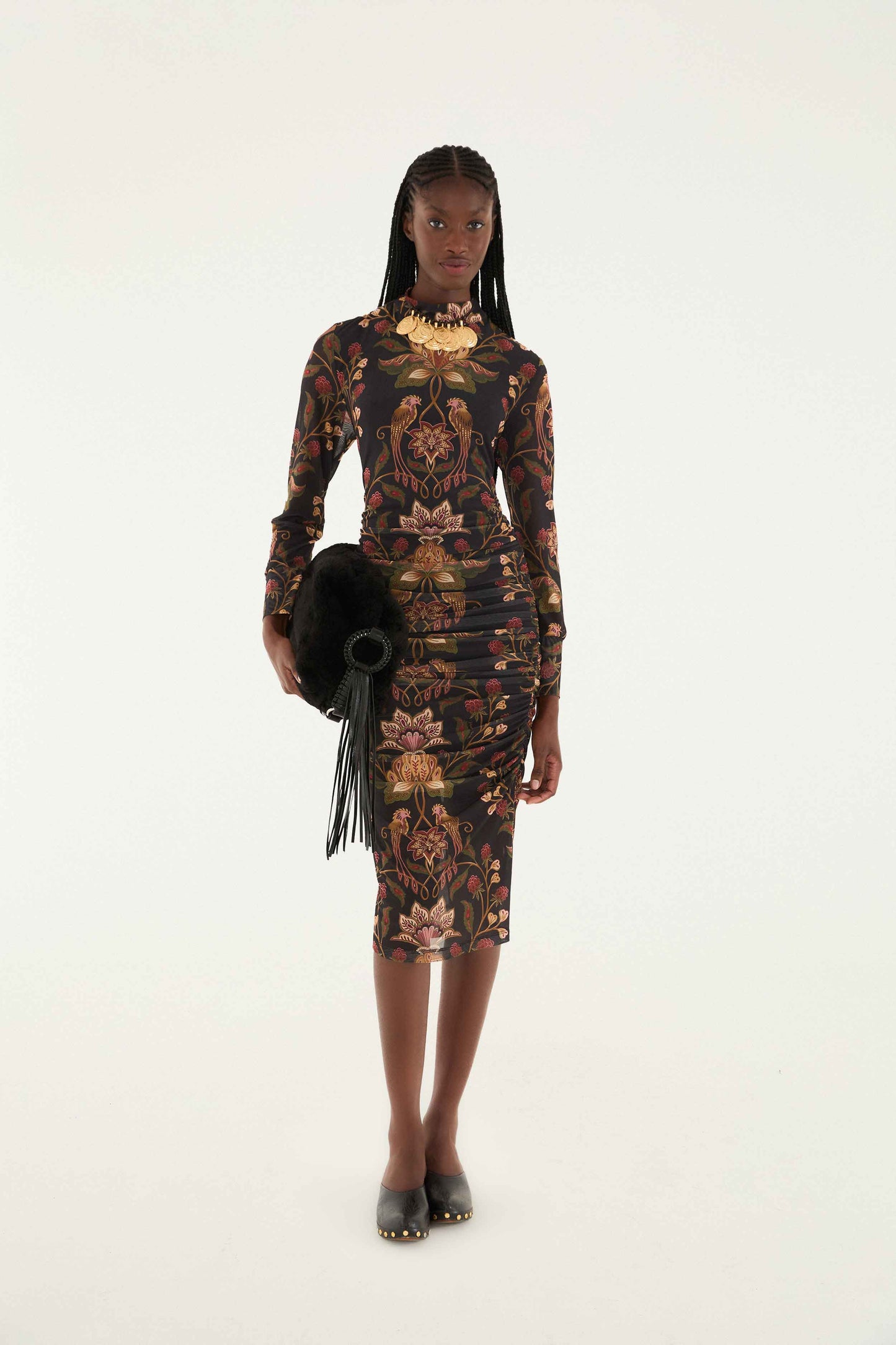 FARM Rio model wearing the Black Berry Garden Tulle Midi Dress