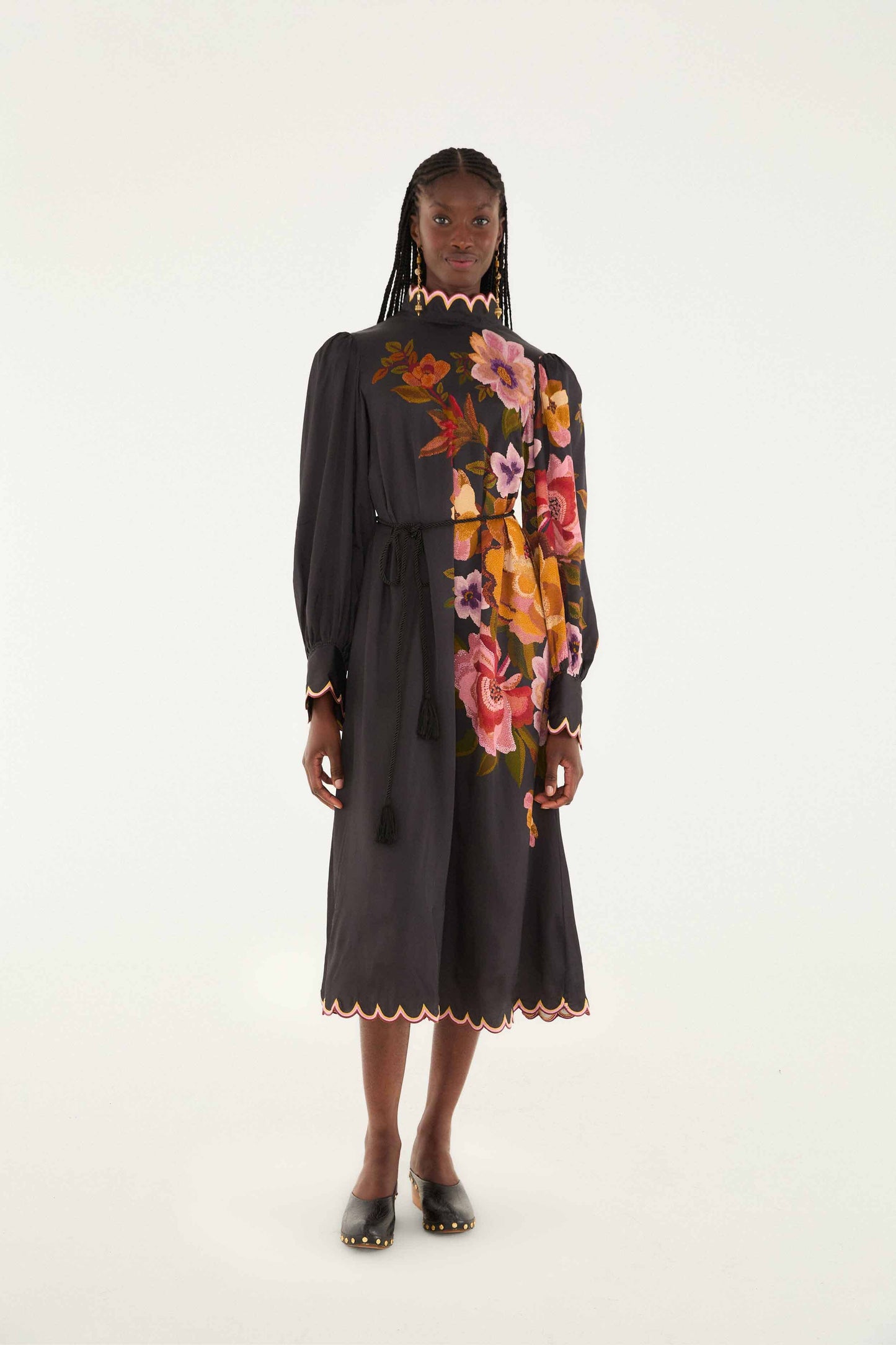 FARM Rio model wearing the Black Chenille Flowers Lenzing� Ecovero� Viscose Midi Dress