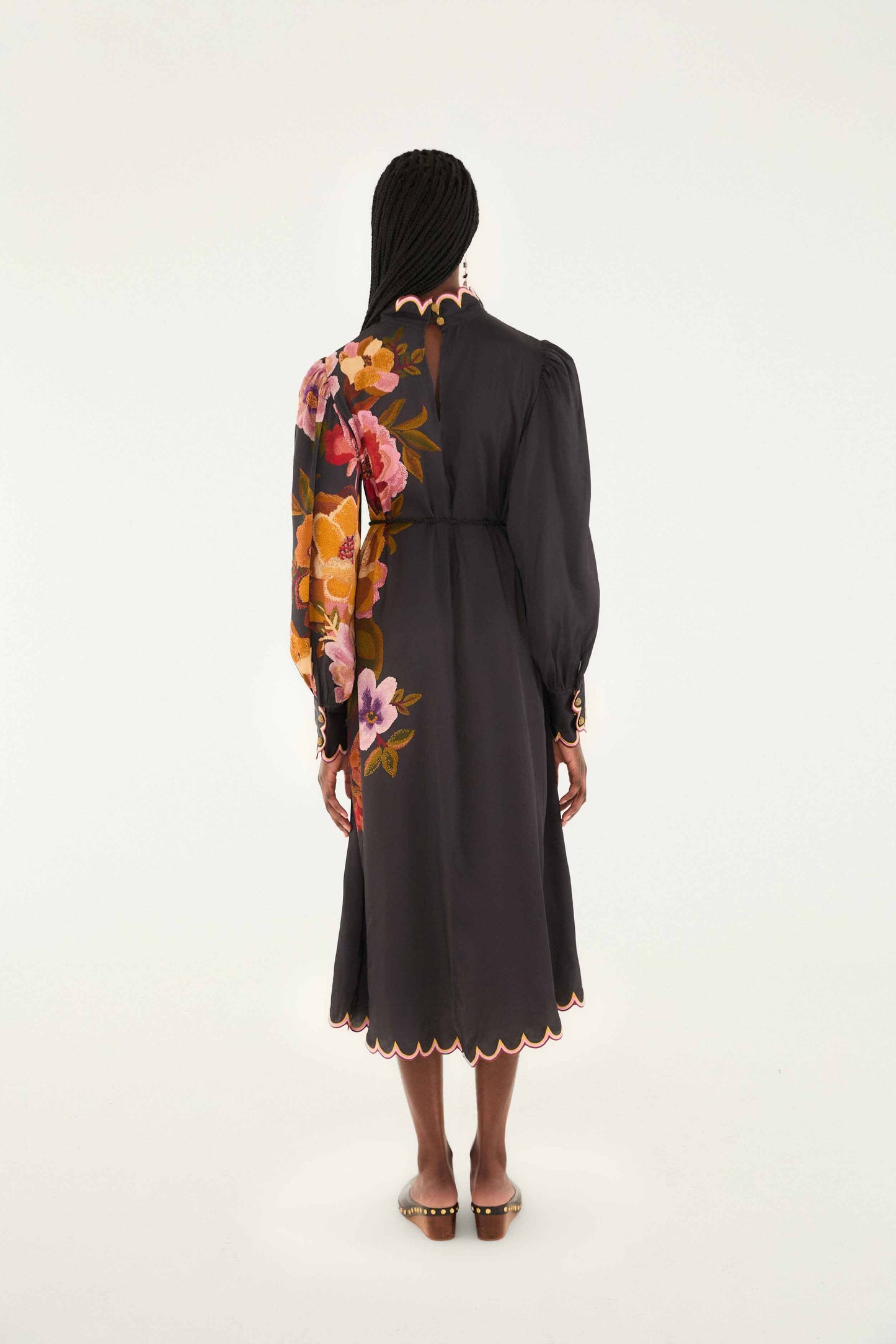 FARM Rio model wearing the Black Chenille Flowers Lenzing� Ecovero� Viscose Midi Dress