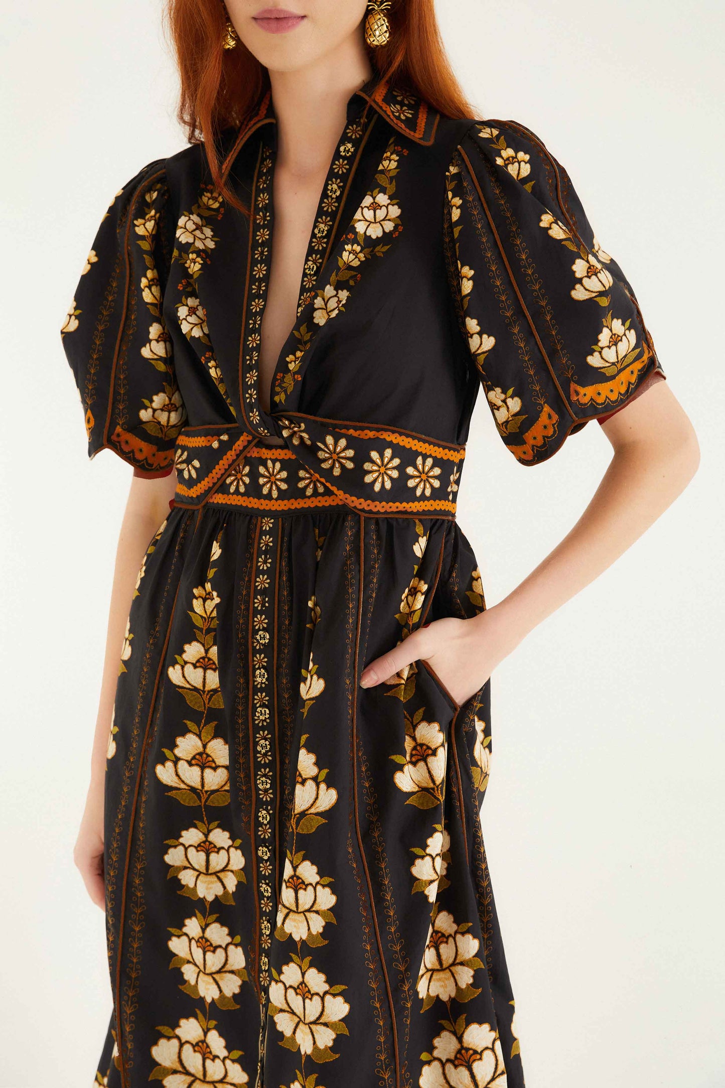 FARM Rio model wearing the Black Embroidered Flowers Organic Cotton Midi Dress