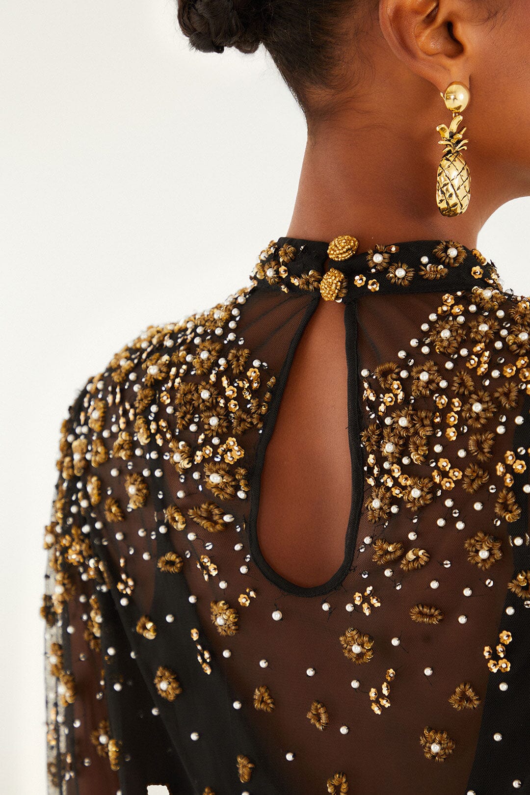 FARM Rio model wearing the Black Embroidered Tulle Lined Blouse