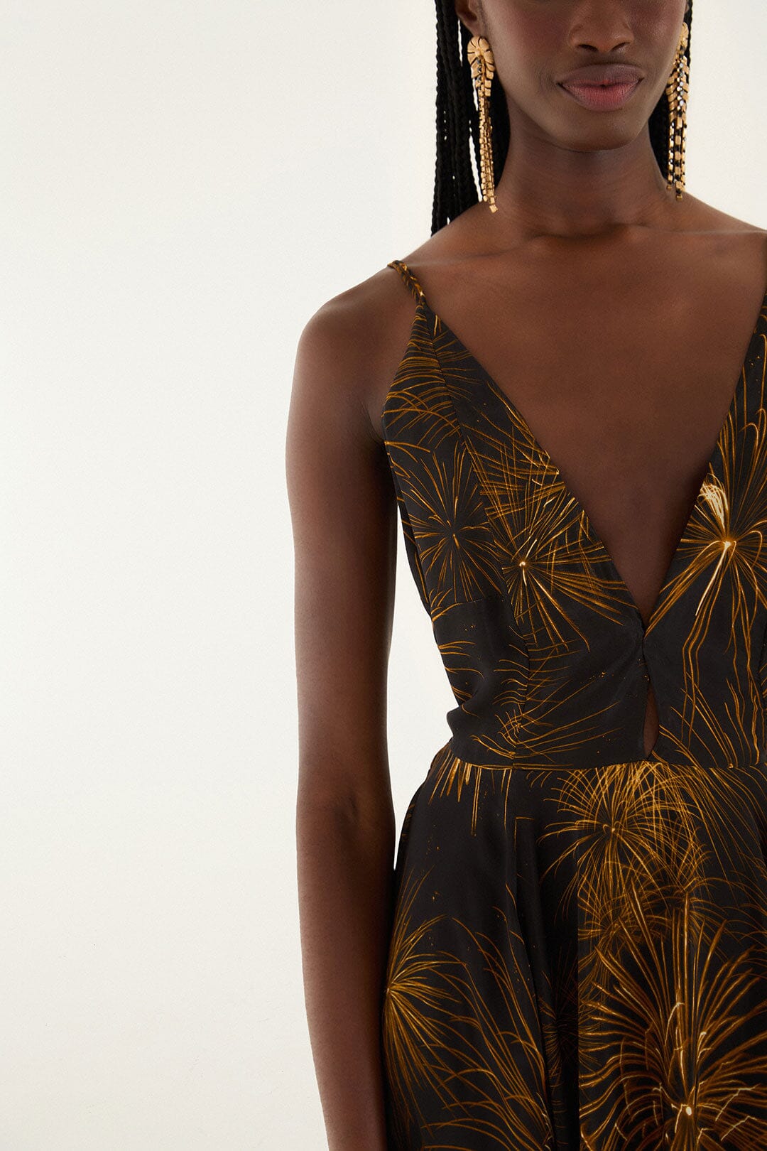 FARM Rio model wearing the Black Fireworks Sleeveless Open Back Maxi Dress