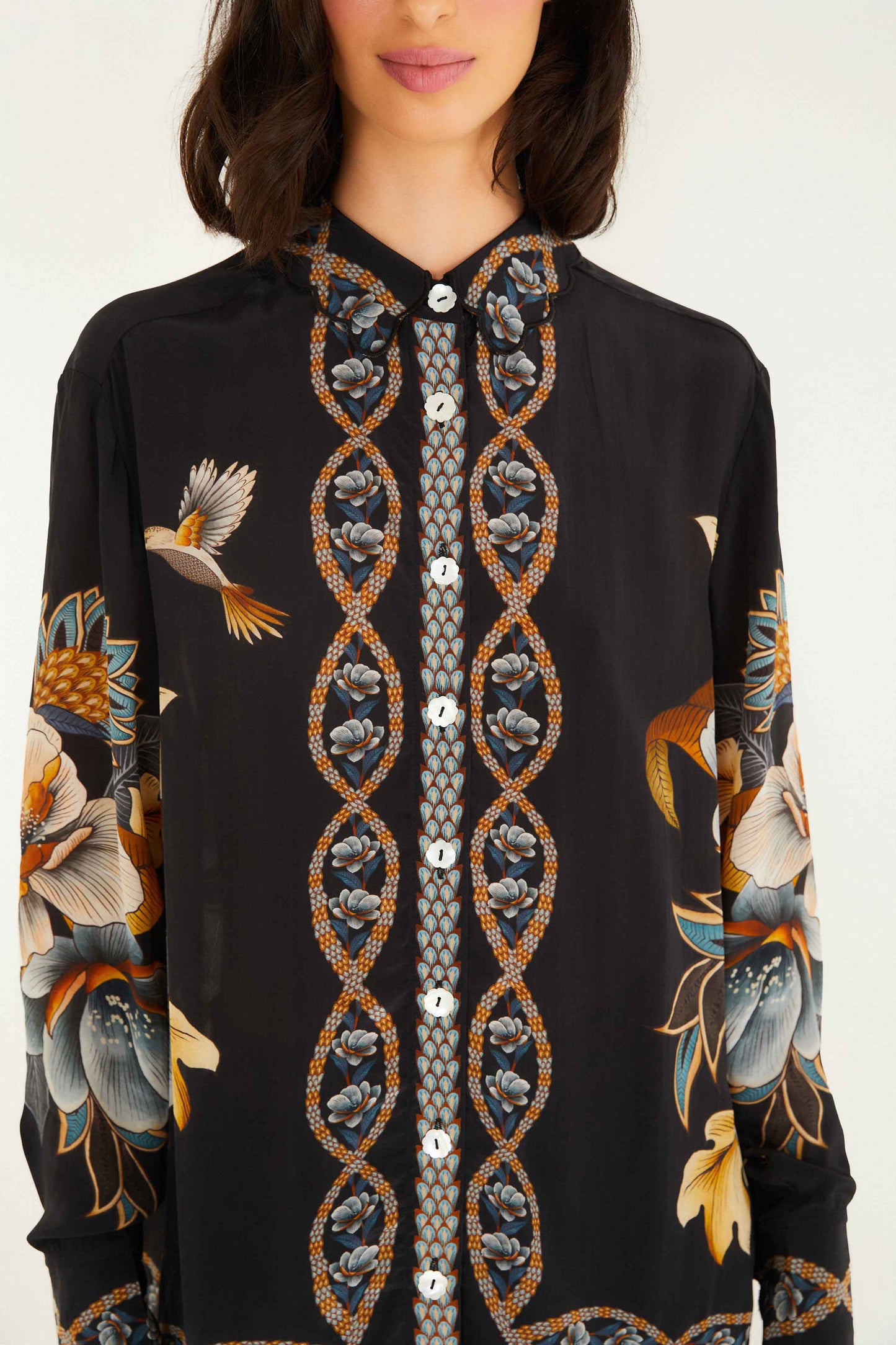 FARM Rio model wearing the Black Floral Snake Pajama Shirt