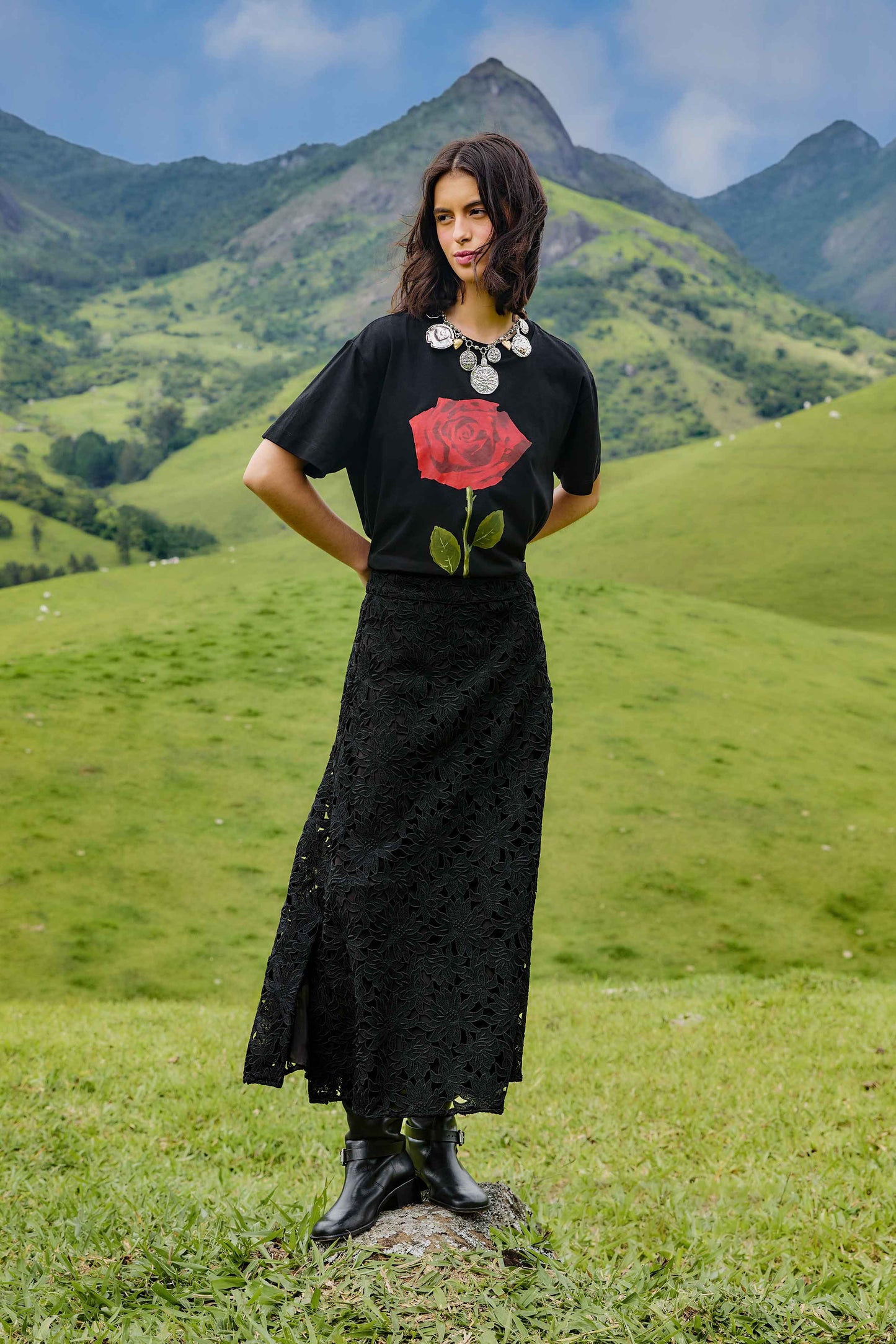 FARM Rio model wearing the Black Flowered Lace Midi Skirt
