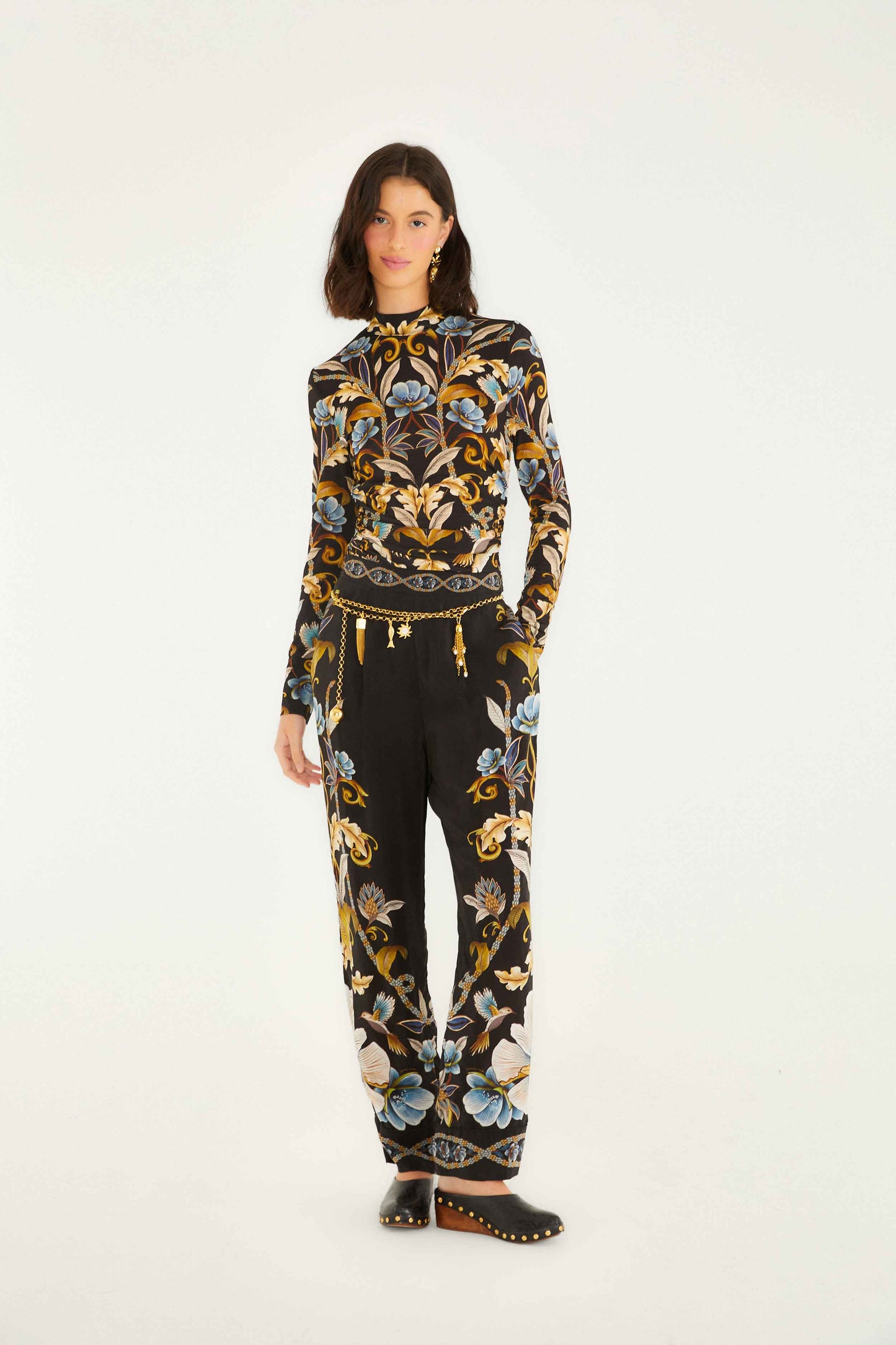 FARM Rio model wearing the Black Flowerful Garden Jersey Blouse