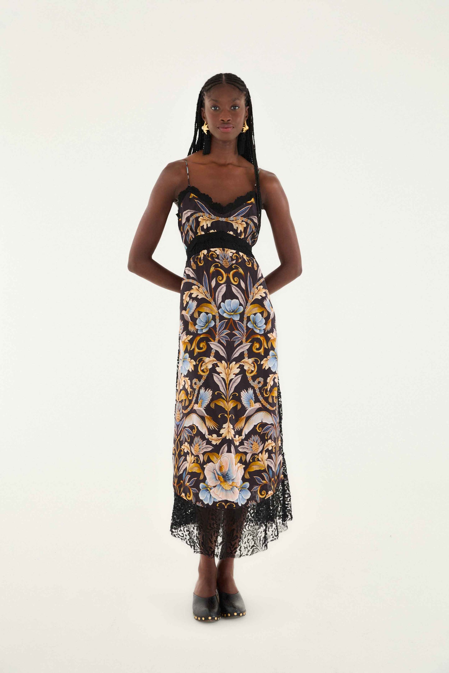 FARM Rio model wearing the Black Flowerful Garden Midi Dress