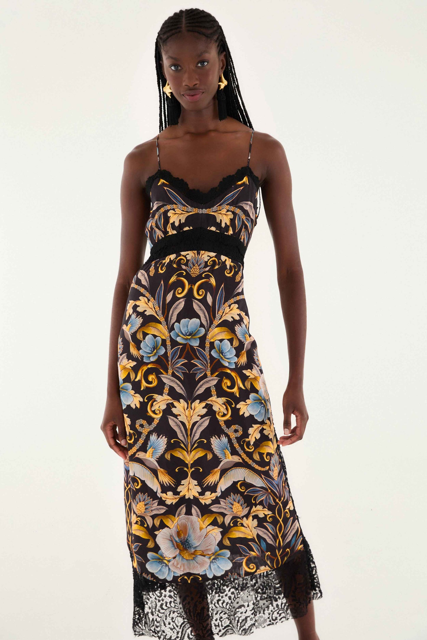 FARM Rio model wearing the Black Flowerful Garden Midi Dress