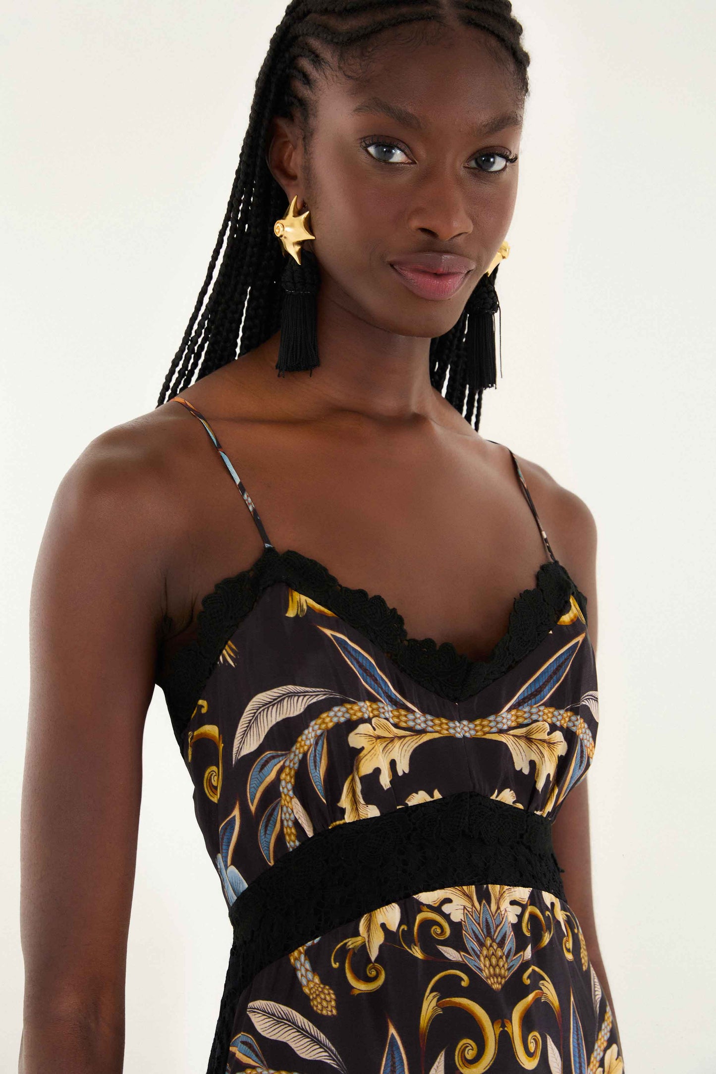 FARM Rio model wearing the Black Flowerful Garden Midi Dress