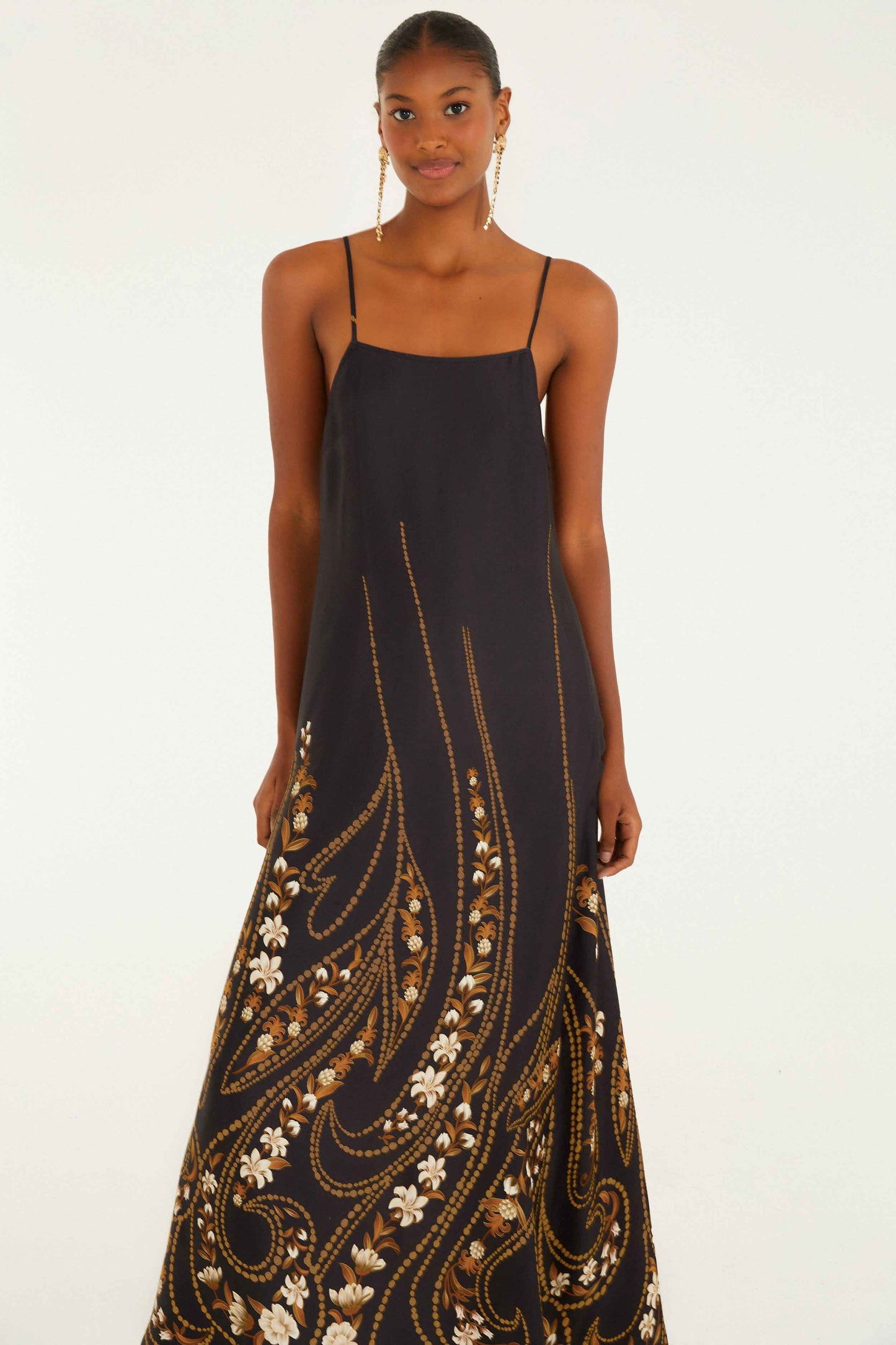 FARM Rio model wearing the Black Garden Lenzing� Ecovero� Viscose Slip Midi Dress