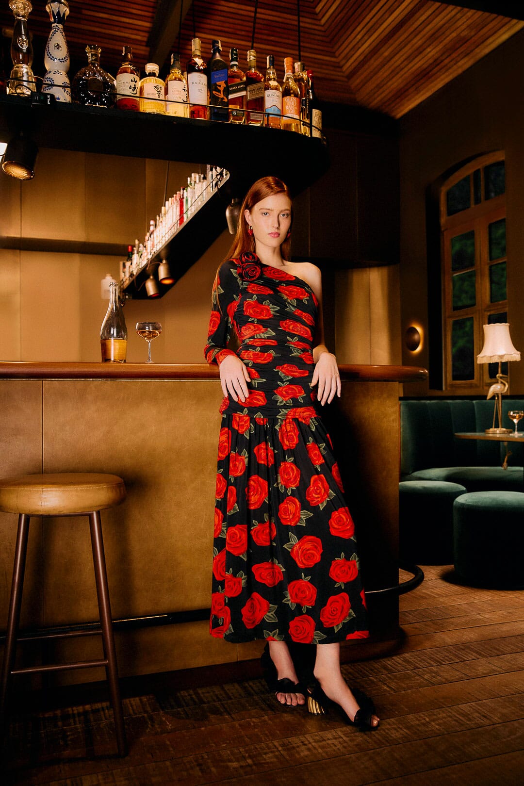 FARM Rio model wearing the Black Latin Roses 3d Flower One-Shoulder Draped Maxi Dress