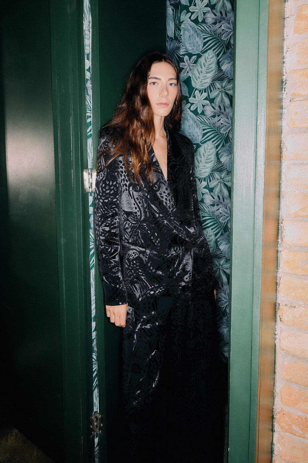 FARM Rio model wearing the Black Leopard Buttoned Jacquard Blazer