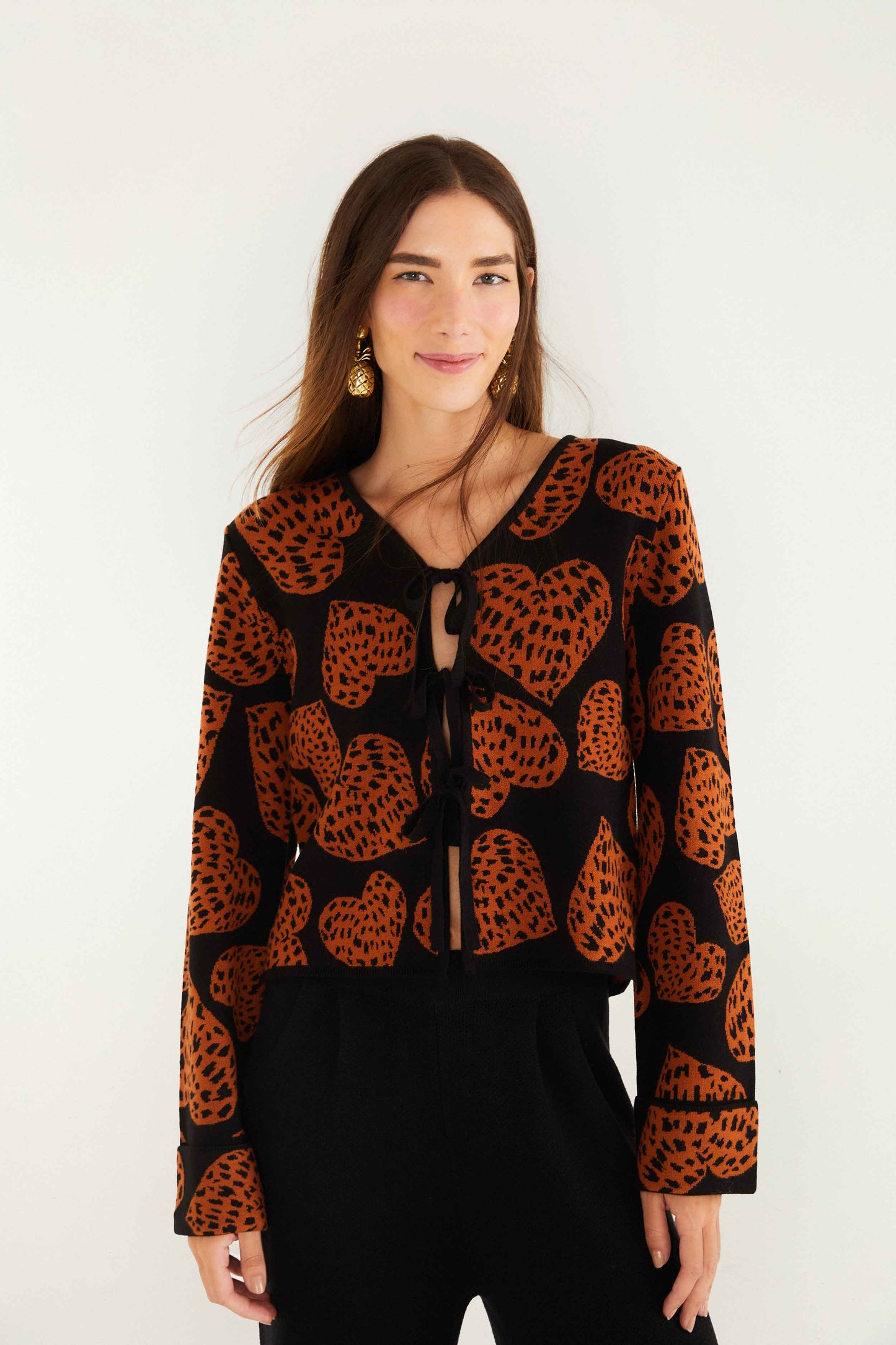 FARM Rio model wearing the Black Leopard Hearts Front Ties Knit Cardigan