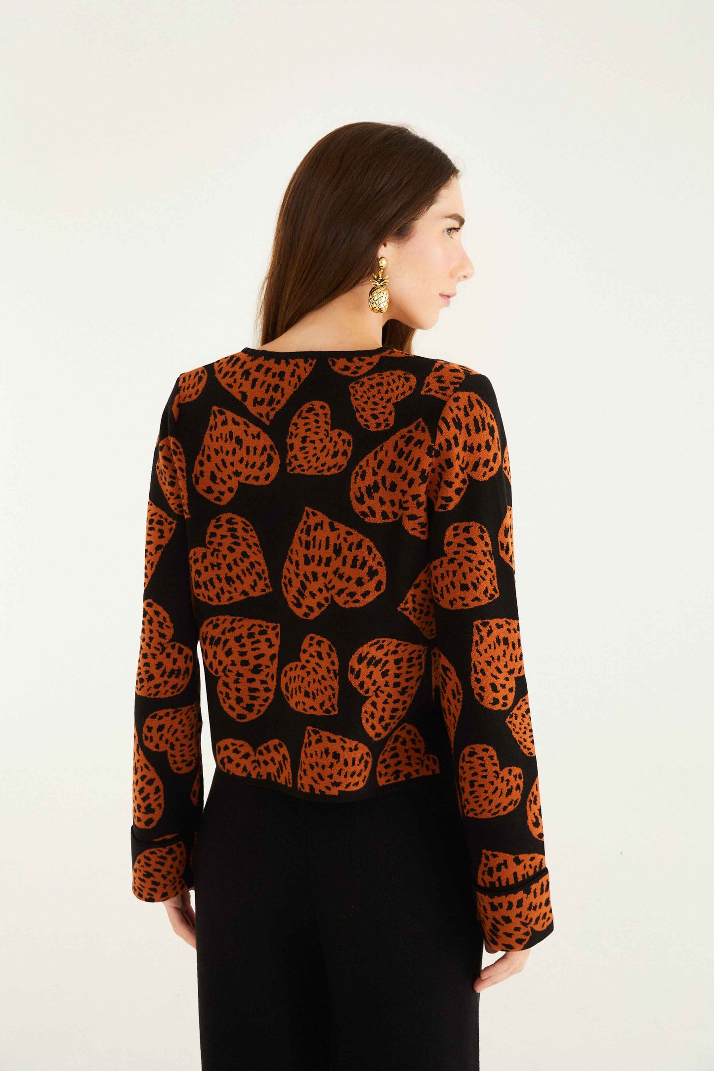 FARM Rio model wearing the Black Leopard Hearts Front Ties Knit Cardigan