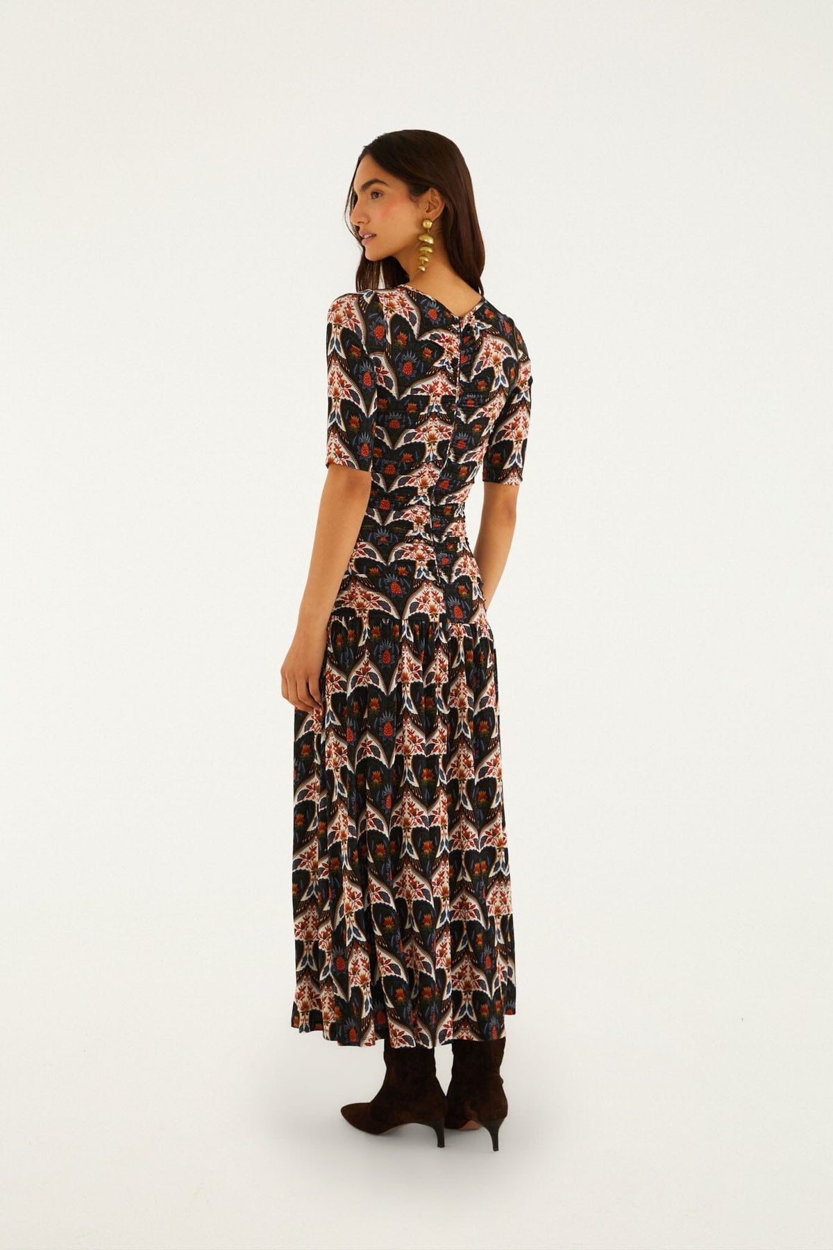 Black Porcelain Birds Long Sleeve Slim Maxi Dress