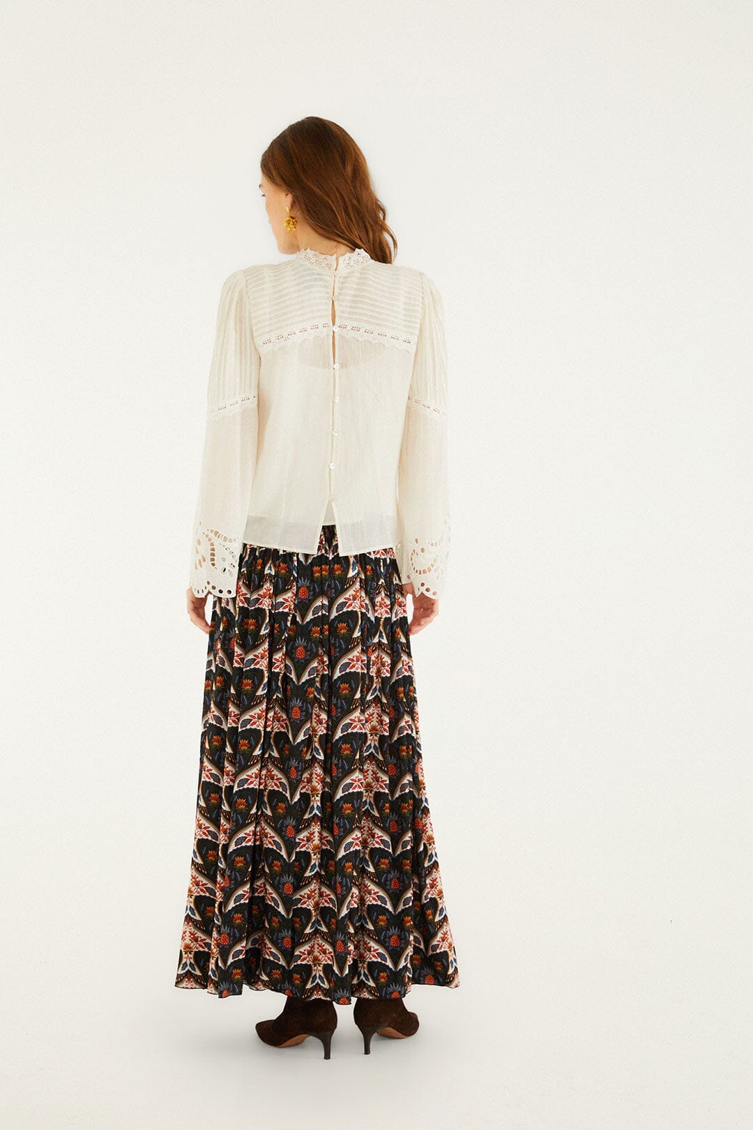 Black Porcelain Birds Pleats Maxi Skirt