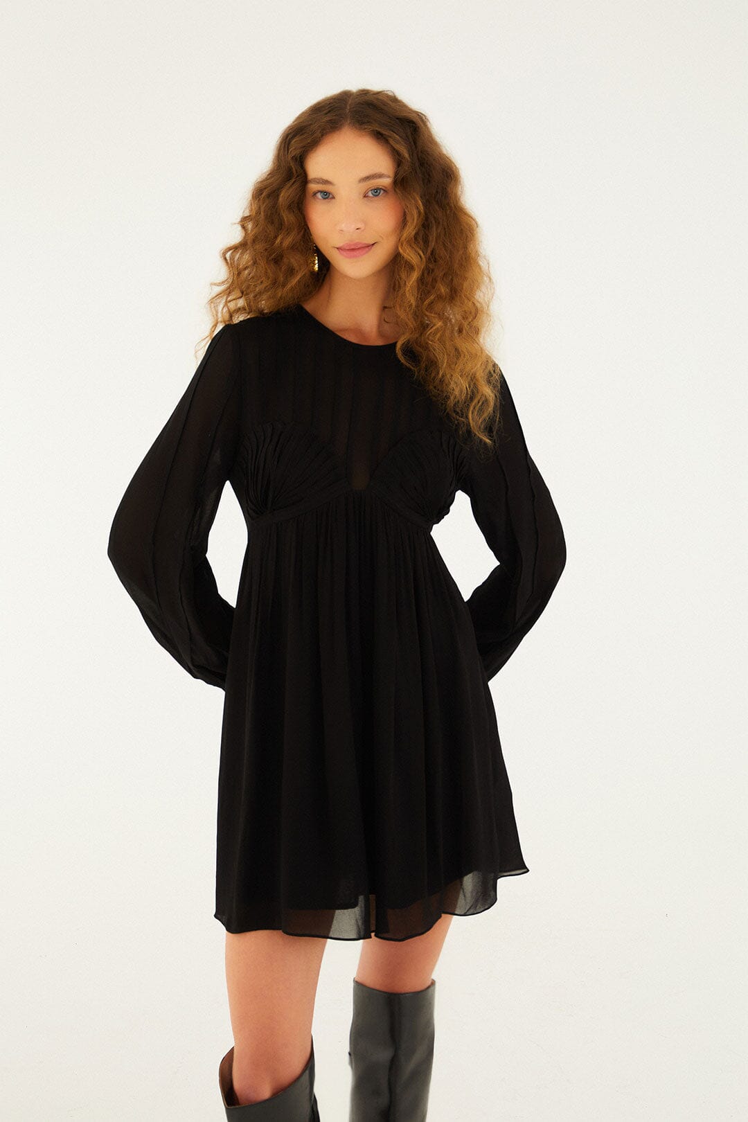 FARM Rio model wearing the Black Shell Mini Dress