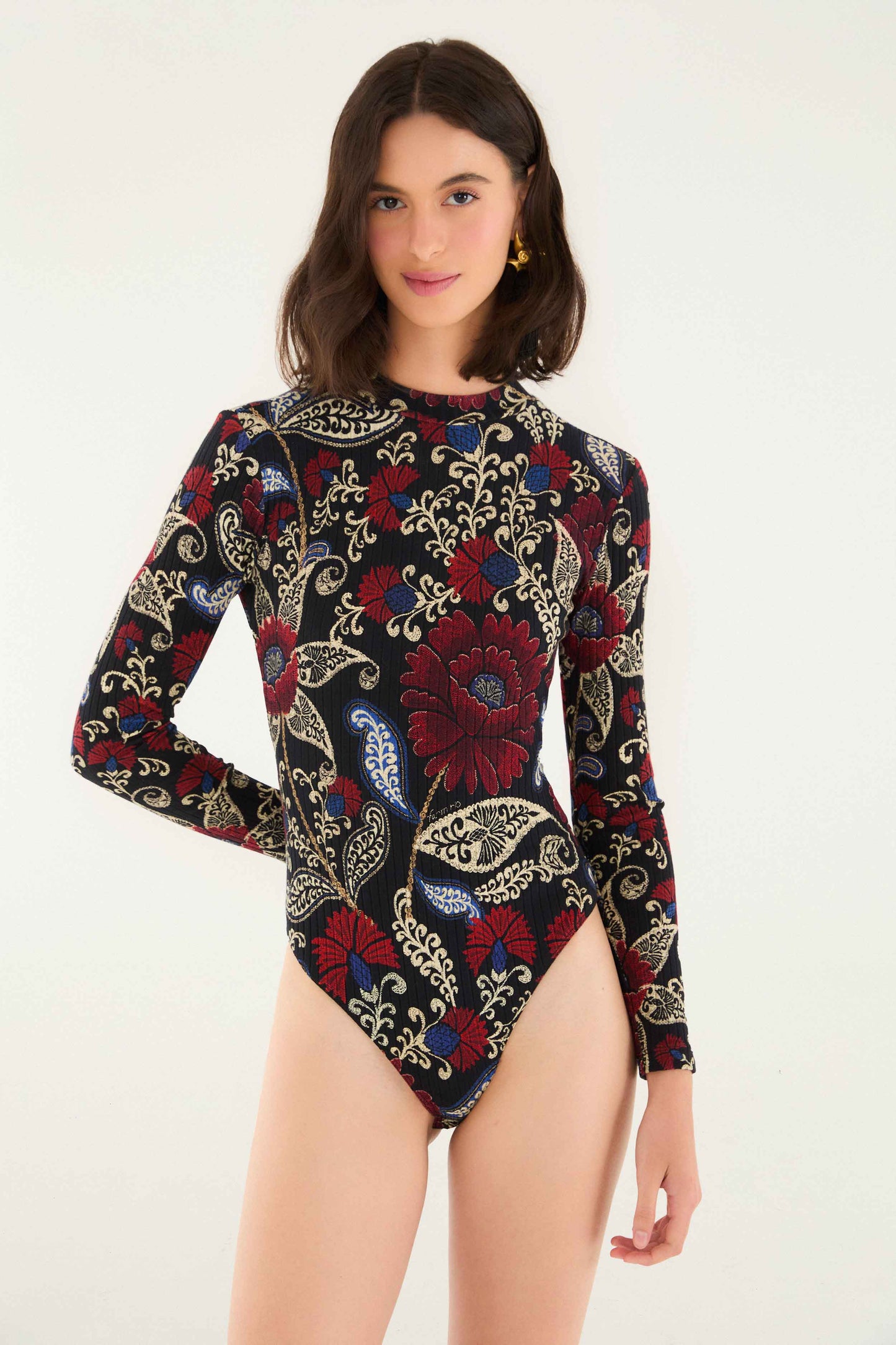 FARM Rio model wearing the Black Valentina High Neck Long Sleeve Jersey Bodysuit