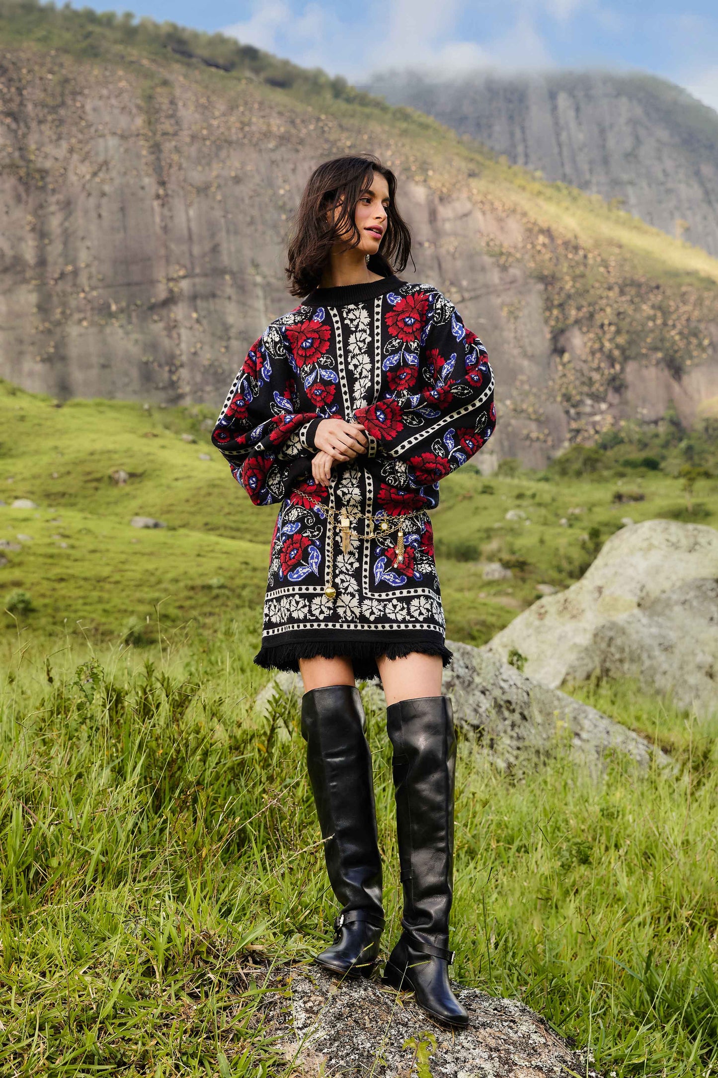 FARM Rio model wearing the Black Valentina Puff Sleeve Knit Dress