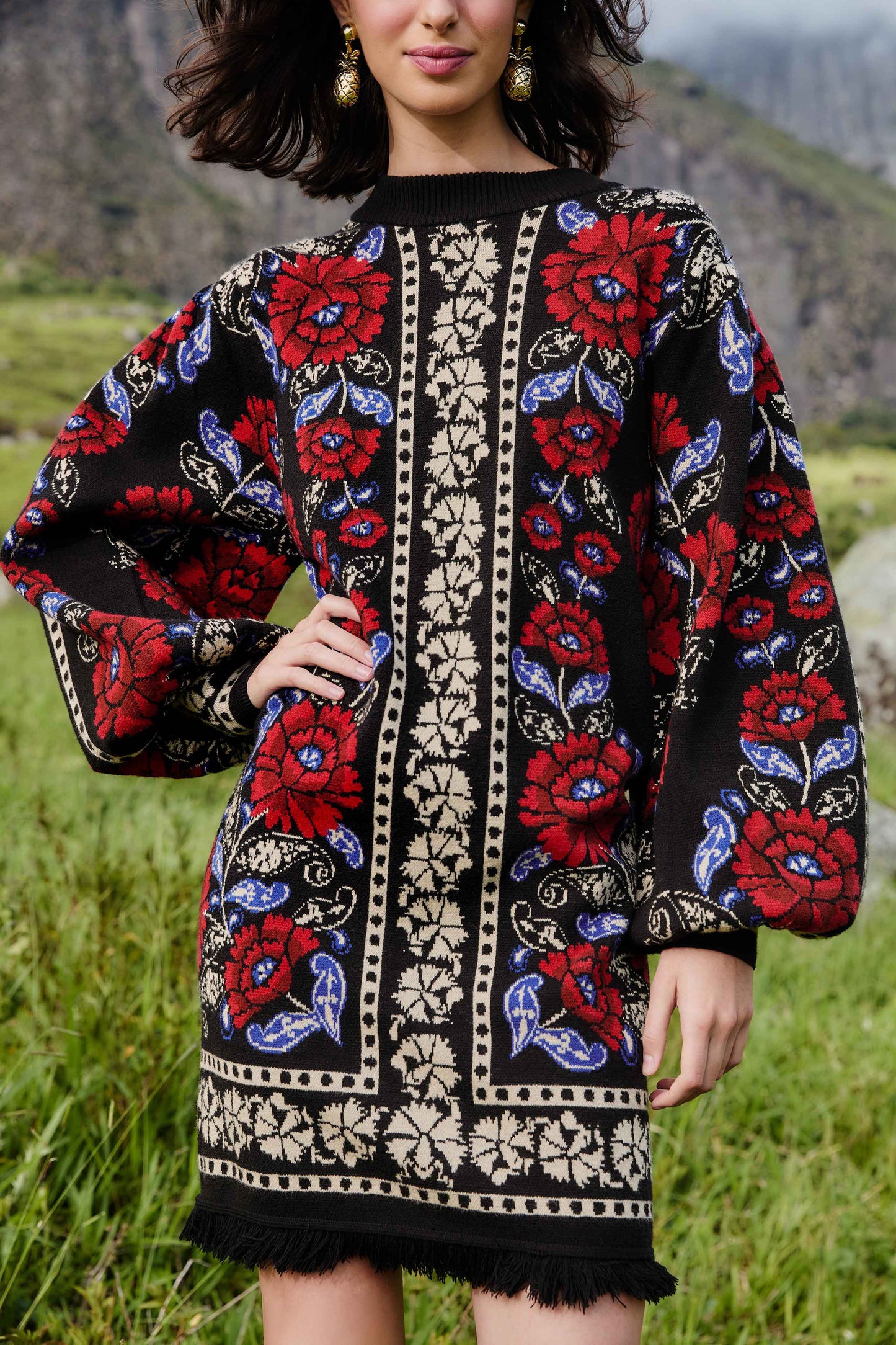 FARM Rio model wearing the Black Valentina Puff Sleeve Knit Dress